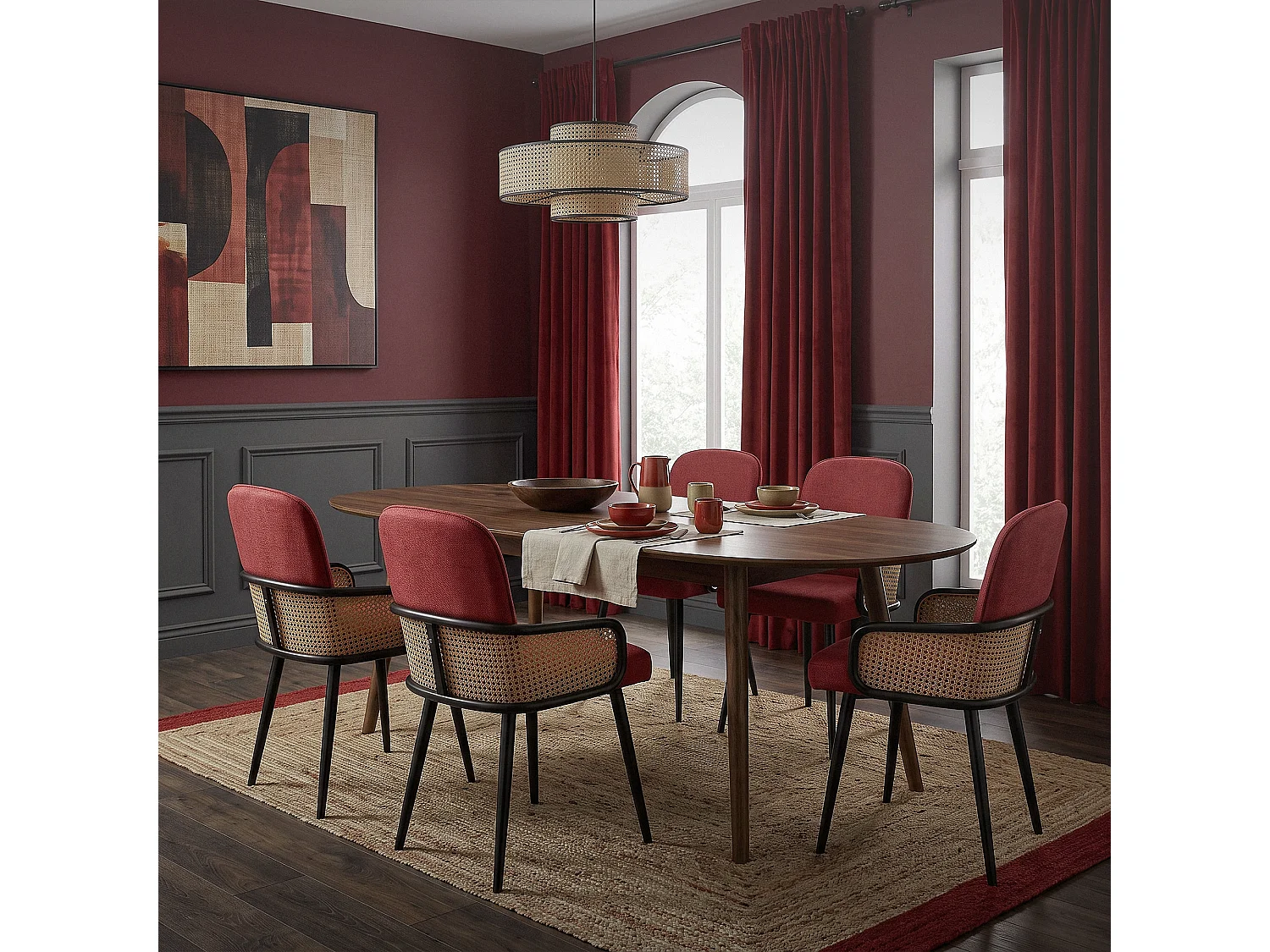 Lot de 6 chaises de salle à manger en tissu rouge avec accoudoirs en rotin pieds en métal noir assise rembourrée confortable fauteuils ergonomiques