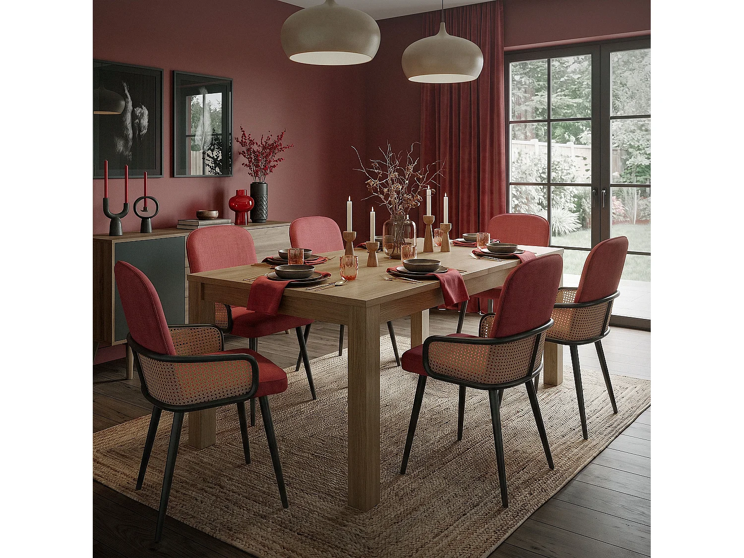 Lot de 6 chaises de salle à manger en tissu rouge avec accoudoirs en rotin pieds en métal noir assise rembourrée confortable fauteuils ergonomiques