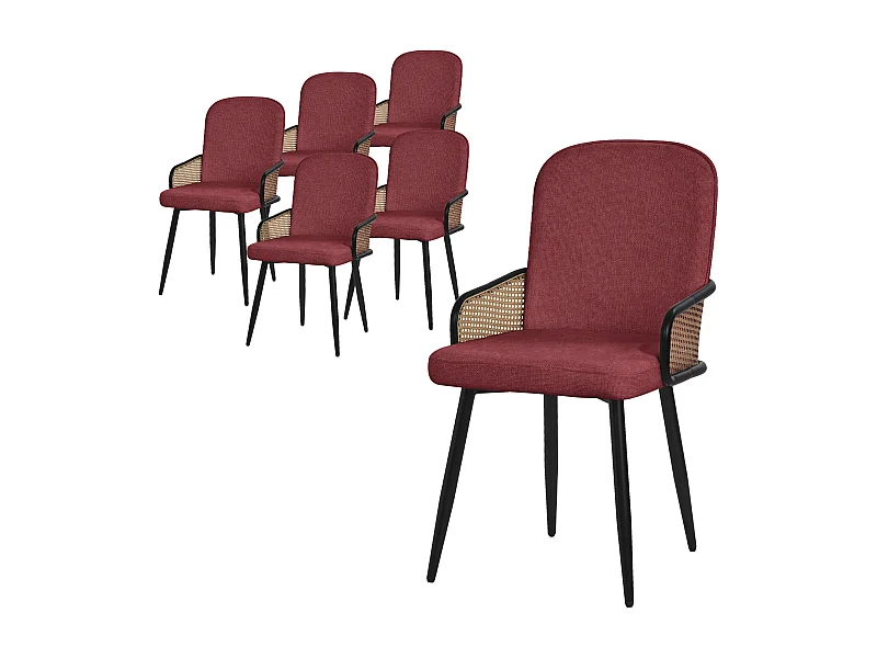 ML-Design Set di 6 sedie imbottite da pranzo rosso, in tessuto, con braccioli effetto rattan, sedia da cucina, poltroncina ergonomica da soggiorno