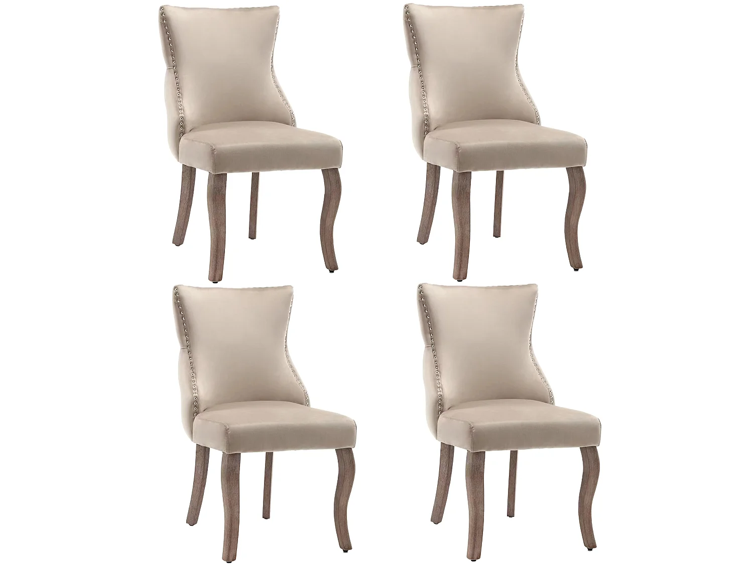 Set van 4 stoelen, 50x45x91 cm, met vulling, knoopsluiting en klinknagelversieringen. Beige fluwelen bekleding voor woonkamer en eetkamer.