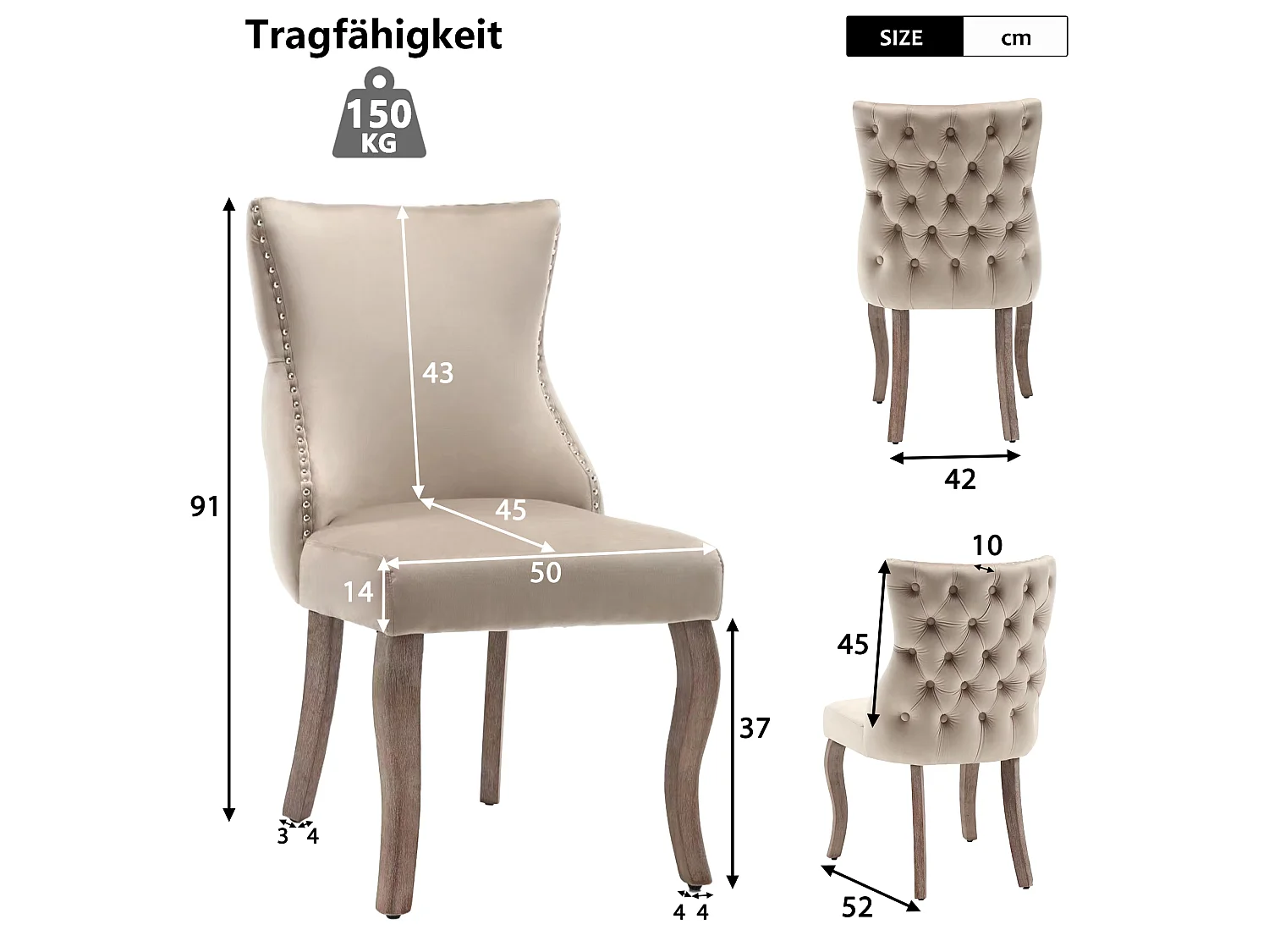 Set van 4 stoelen, 50x45x91 cm, met vulling, knoopsluiting en klinknagelversieringen. Beige fluwelen bekleding voor woonkamer en eetkamer.