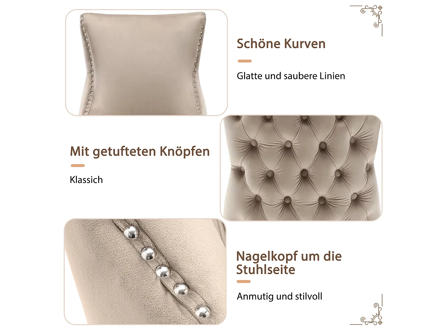 Set van 4 stoelen, 50x45x91 cm, met vulling, knoopsluiting en klinknagelversieringen. Beige fluwelen bekleding voor woonkamer en eetkamer.