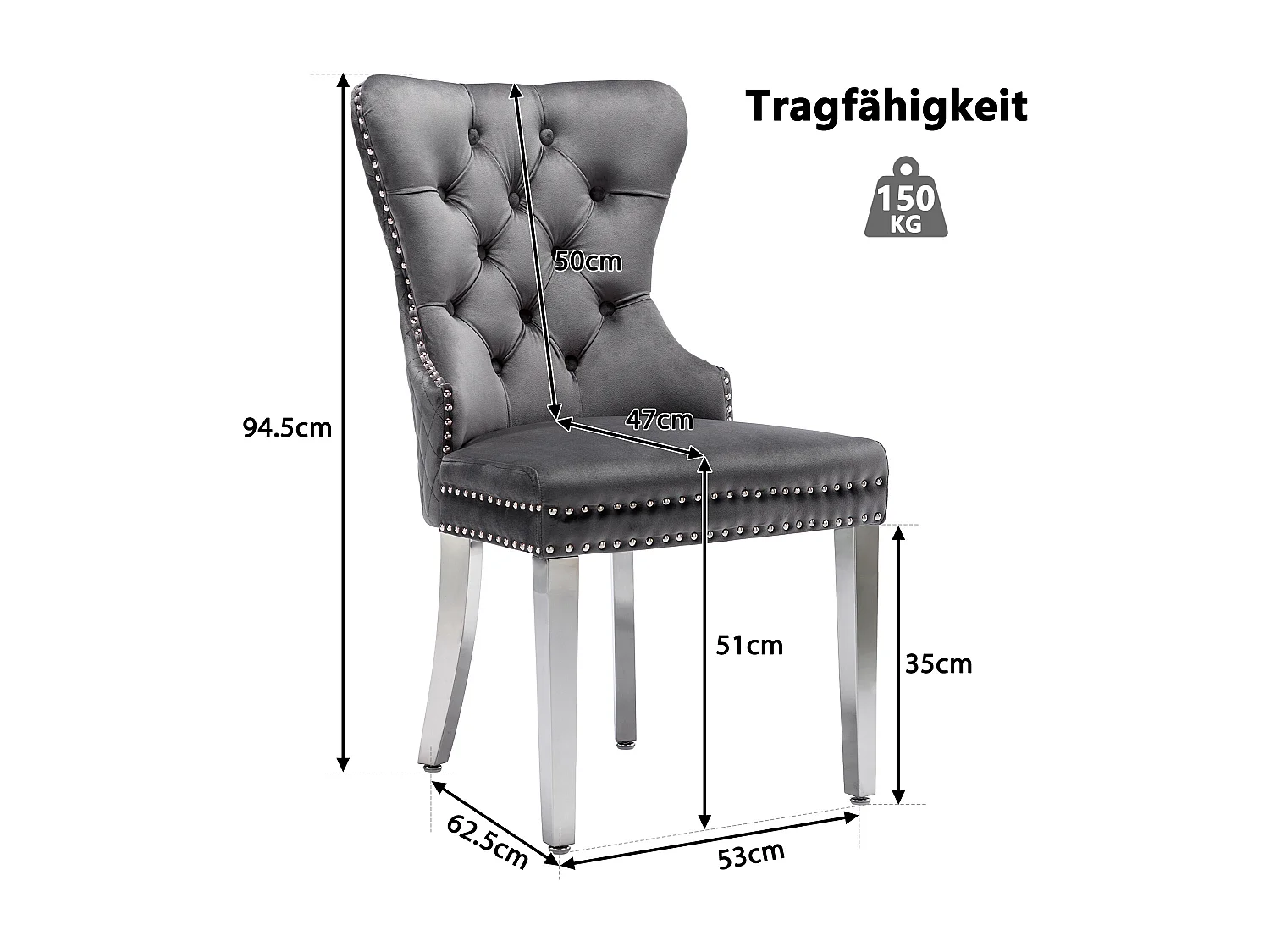 Set van 6 stoelen, 53x62,5x94,5 cm, met vulling, knoopsluiting en klinknagelversieringen. Gemaakt van grijs fluweel, geschikt voor woon- en eetkamers.