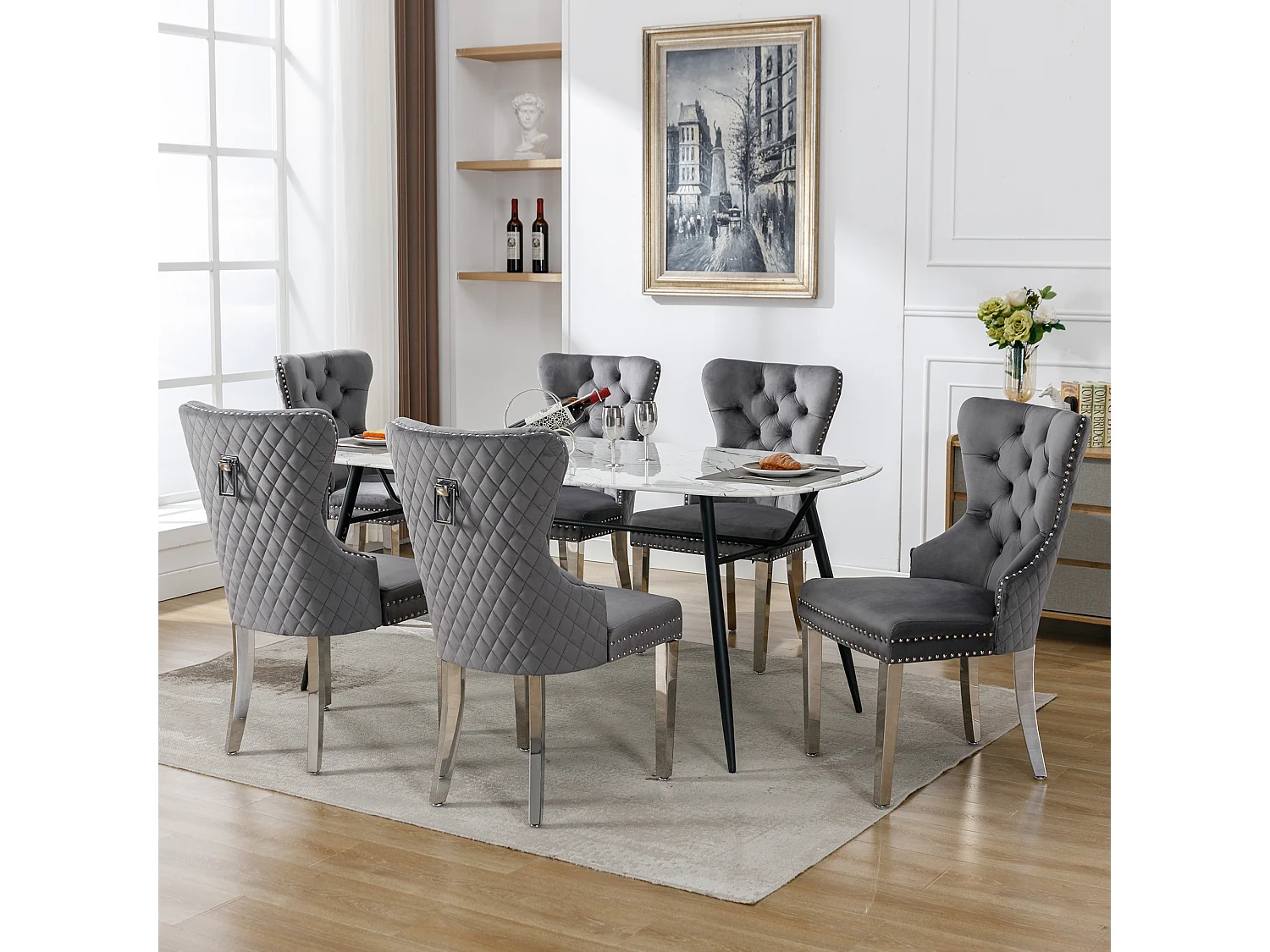 Set van 6 stoelen, 53x62,5x94,5 cm, met vulling, knoopsluiting en klinknagelversieringen. Gemaakt van grijs fluweel, geschikt voor woon- en eetkamers.