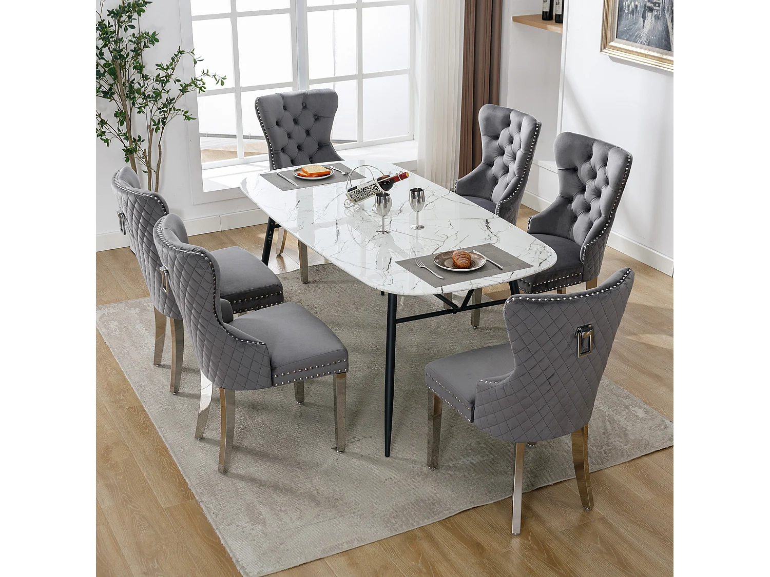 Lot de 6 chaises 53x62.5x94.5 cm avec Rembourrée Fermeture à boutons et ornée de rivets Matière velours en gris pour Salon et salle à manger