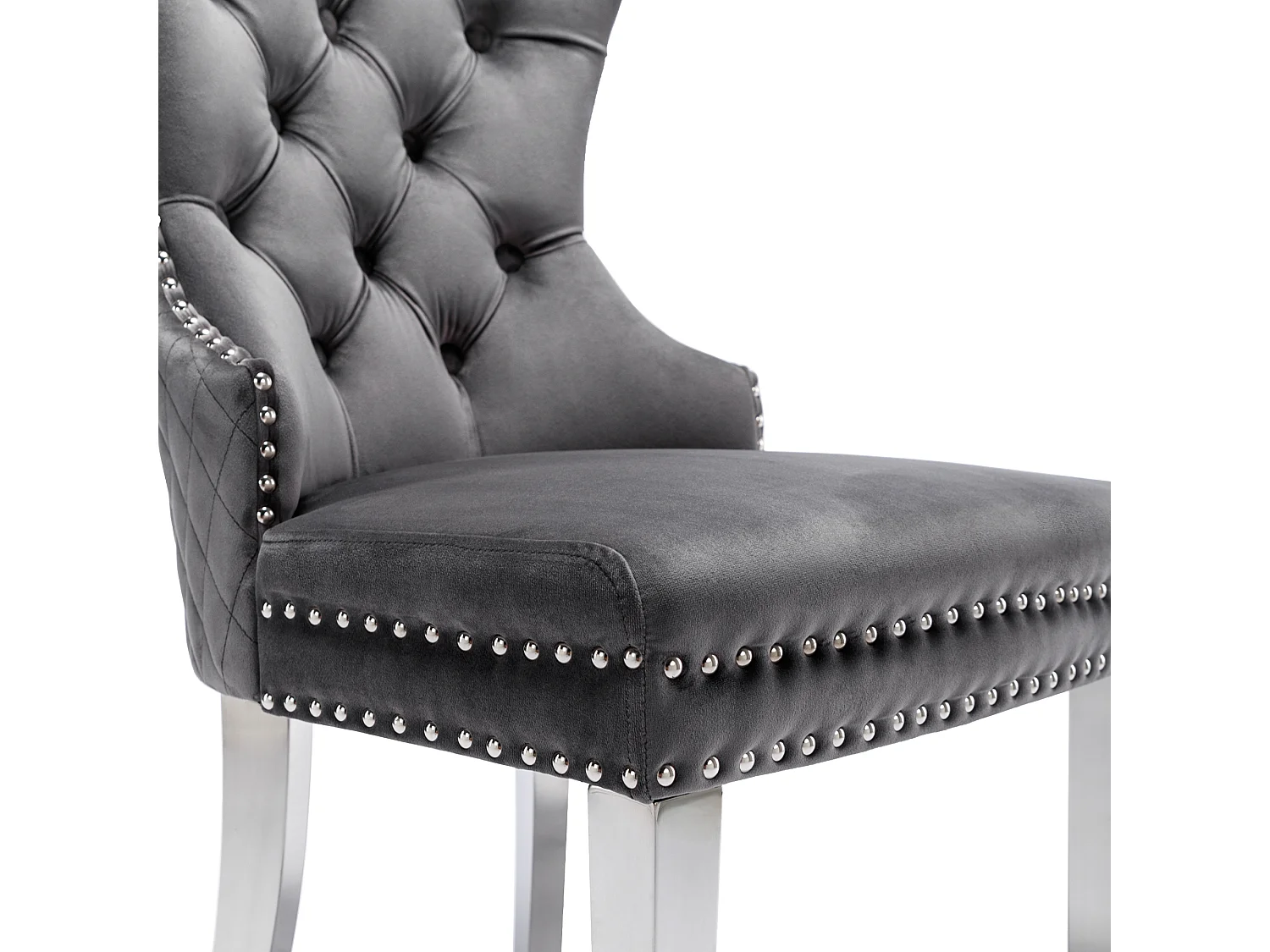 Lot de 6 chaises 53x62.5x94.5 cm avec Rembourrée Fermeture à boutons et ornée de rivets Matière velours en gris pour Salon et salle à manger