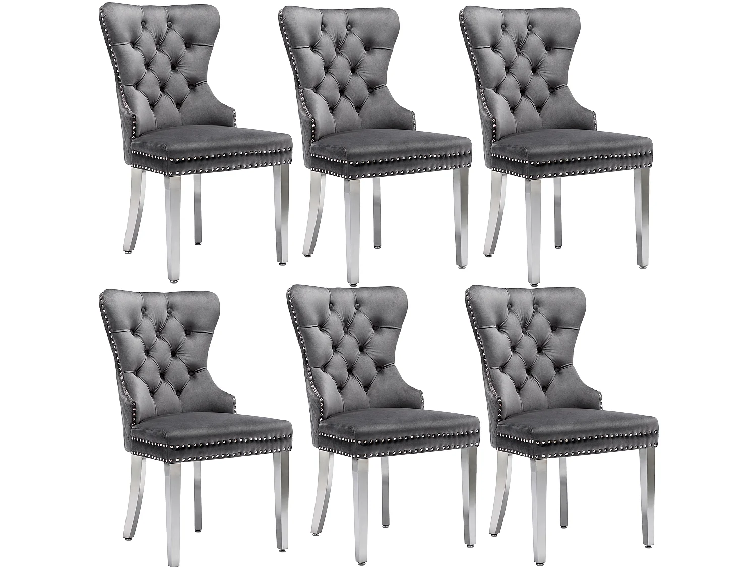 Lot de 6 chaises 53x62.5x94.5 cm avec Rembourrée Fermeture à boutons et ornée de rivets Matière velours en gris pour Salon et salle à manger