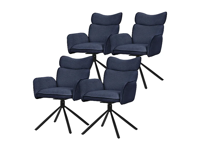 Lot de 4 chaises pivotantes en tissu bleu foncé avec accoudoirs et dossier ergonomique fauteuils à rotation pieds en métal noir sièges salle à manger