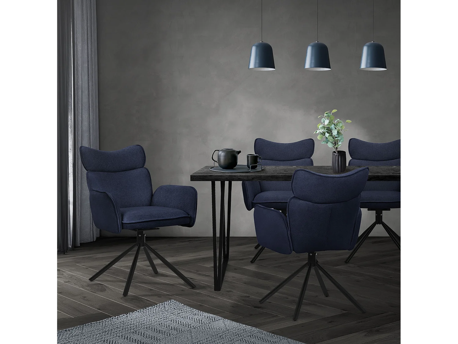 ML-Design Set 4 sedie da scrivania blu scuro, rivestimento in tessuto, girevoli a 360°, poltrona da ufficio con braccioli e schienale, sedia da pranzo