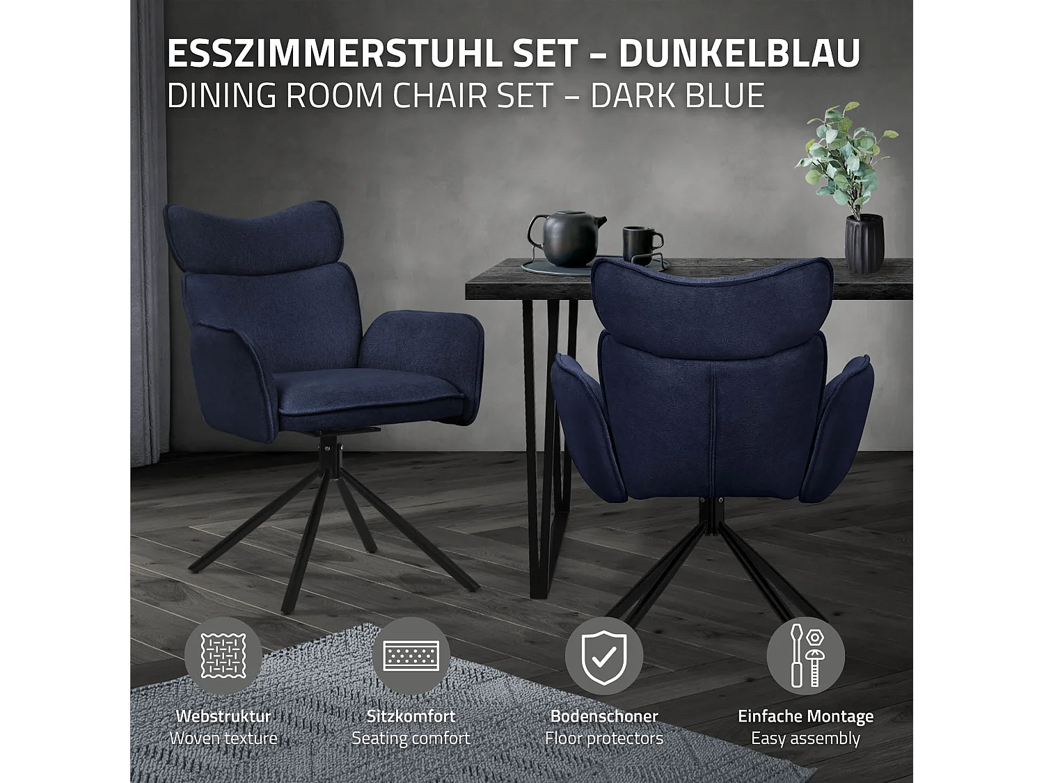 ML-Design 4x Sillas de comedor giratorias 360° azul oscuro con funda de tela, asiento de salón con reposabrazos y respaldo sillón ergonómico de cocina