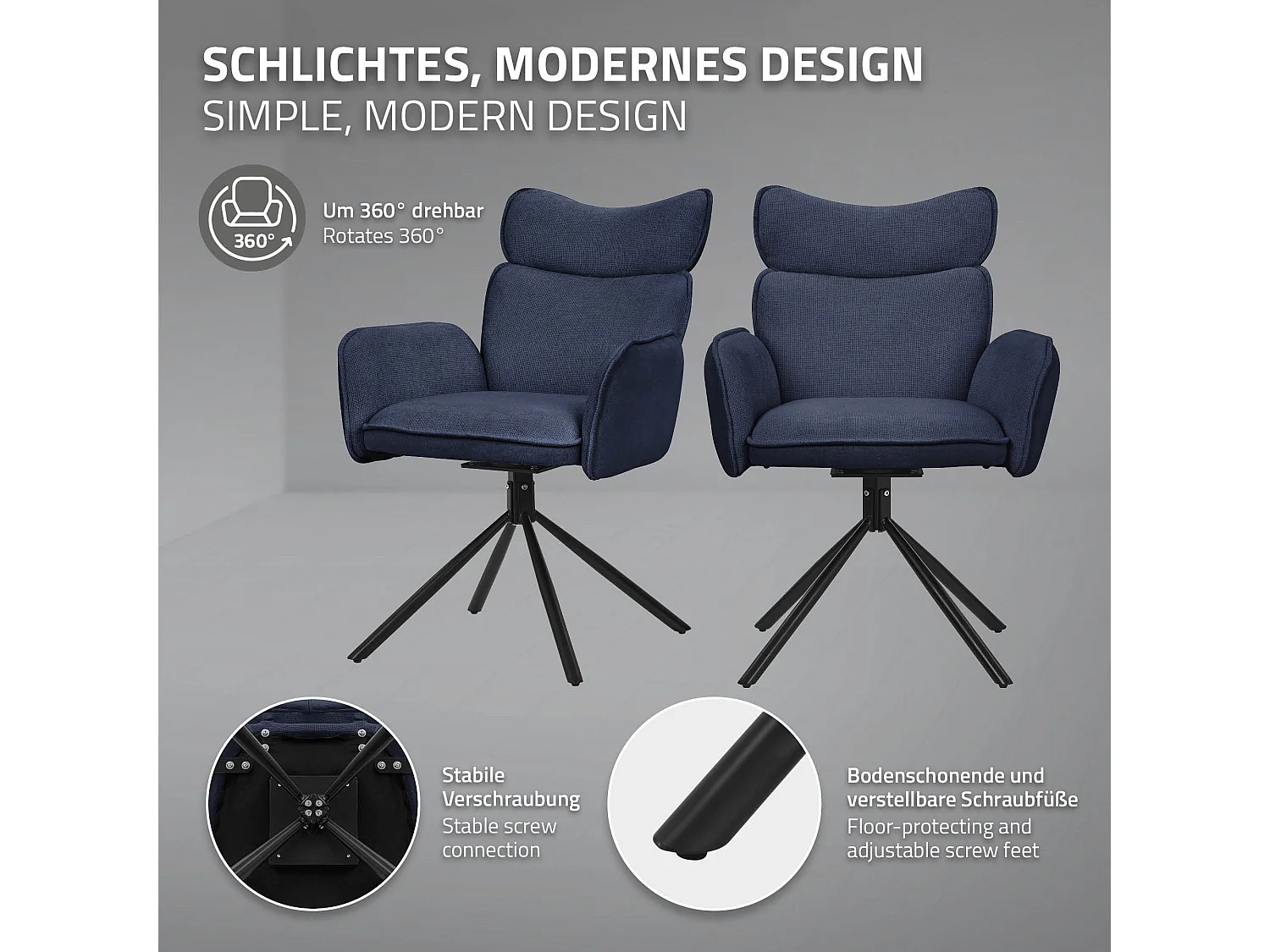 ML-Design 4x Sillas de comedor giratorias 360° azul oscuro con funda de tela, asiento de salón con reposabrazos y respaldo sillón ergonómico de cocina