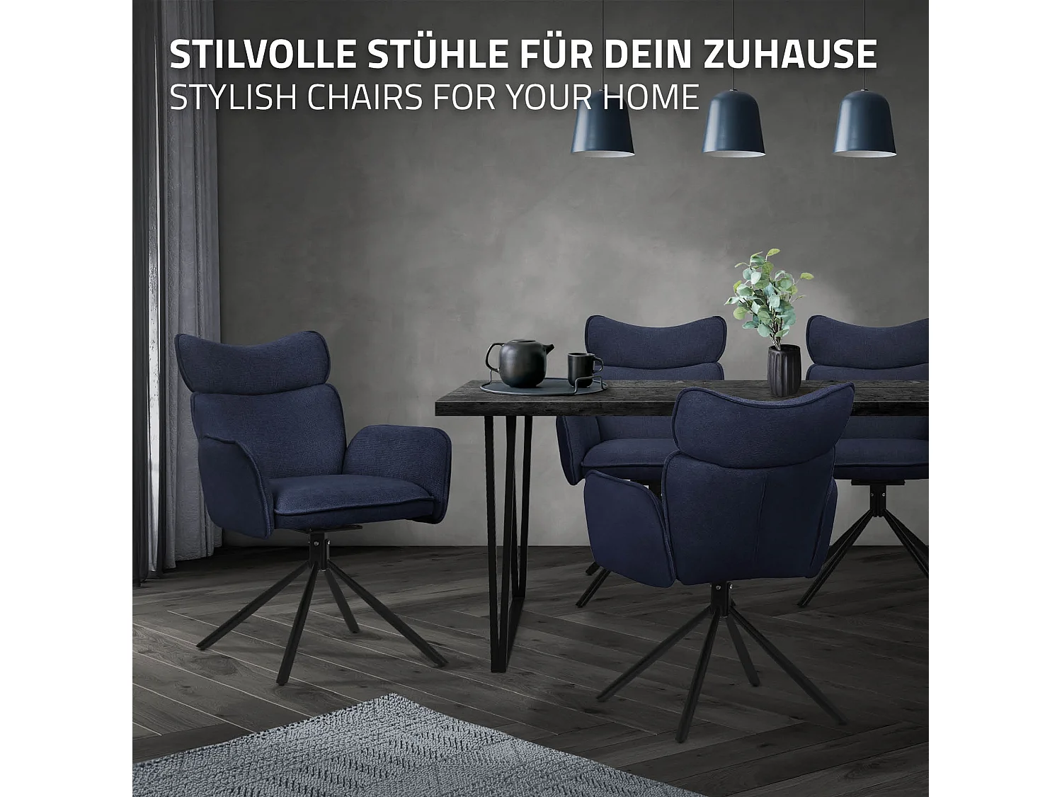 ML-Design 4x Sillas de comedor giratorias 360° azul oscuro con funda de tela, asiento de salón con reposabrazos y respaldo sillón ergonómico de cocina