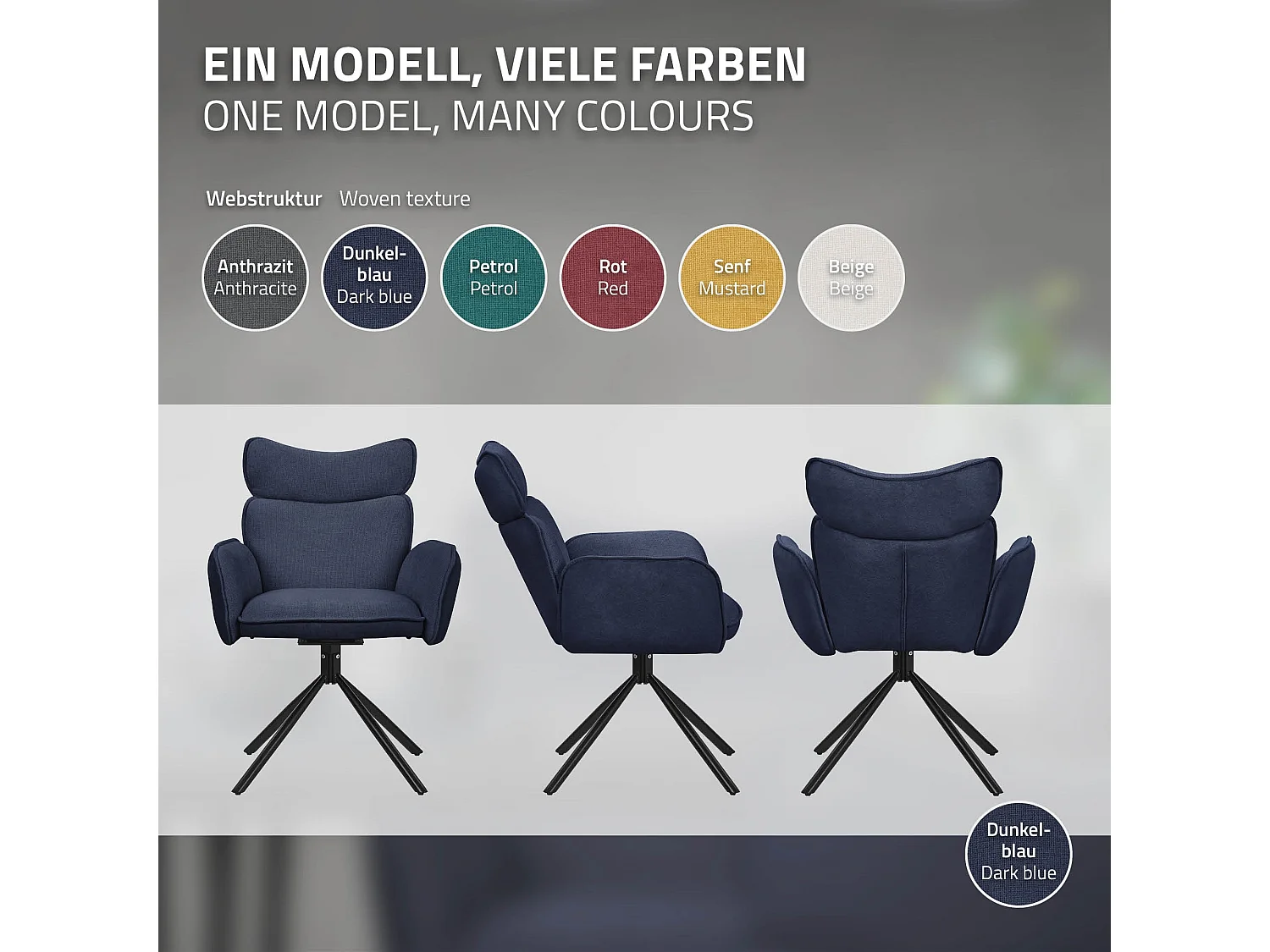 ML-Design 4x Sillas de comedor giratorias 360° azul oscuro con funda de tela, asiento de salón con reposabrazos y respaldo sillón ergonómico de cocina