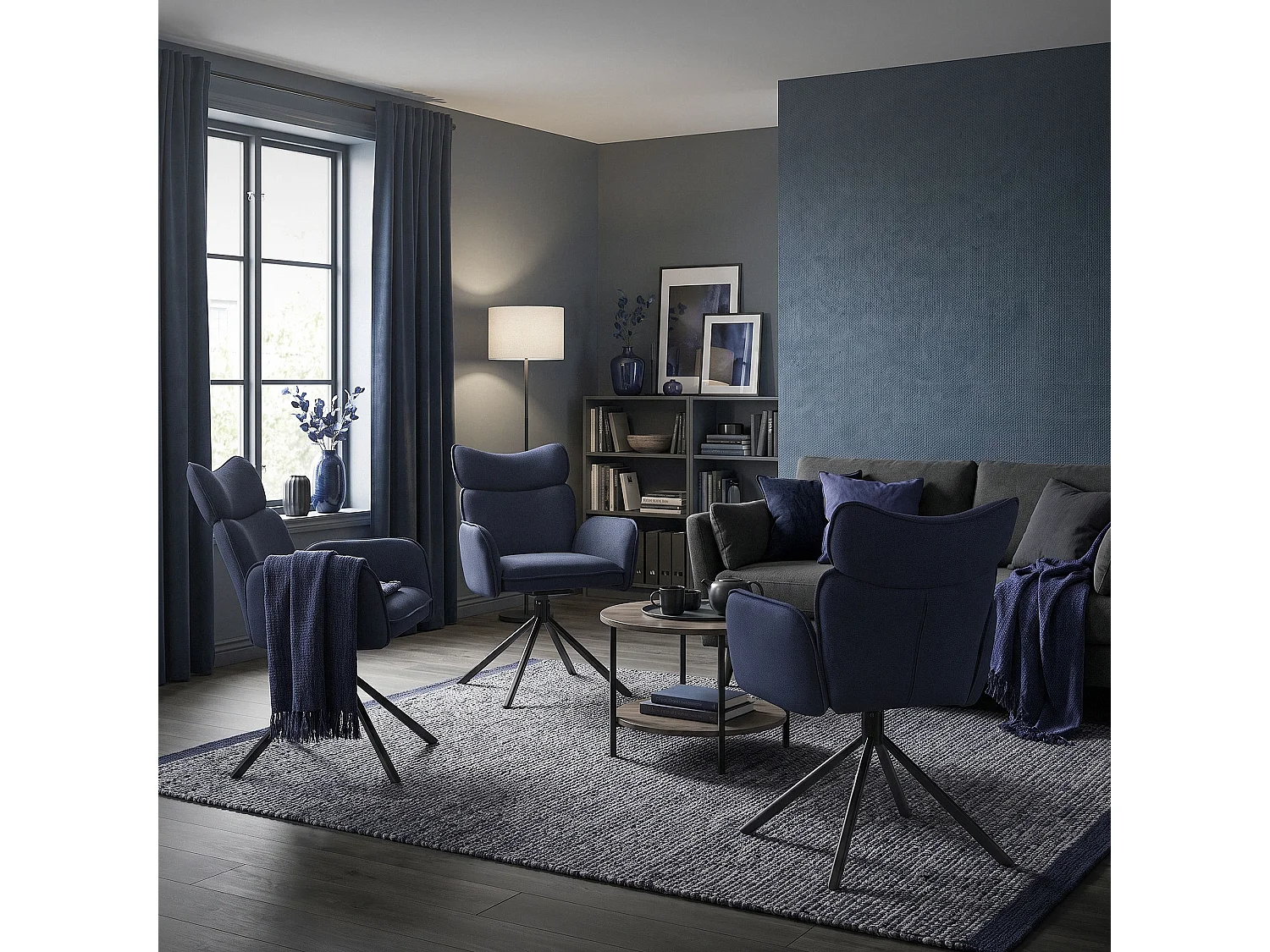 ML-Design 4x Sillas de comedor giratorias 360° azul oscuro con funda de tela, asiento de salón con reposabrazos y respaldo sillón ergonómico de cocina