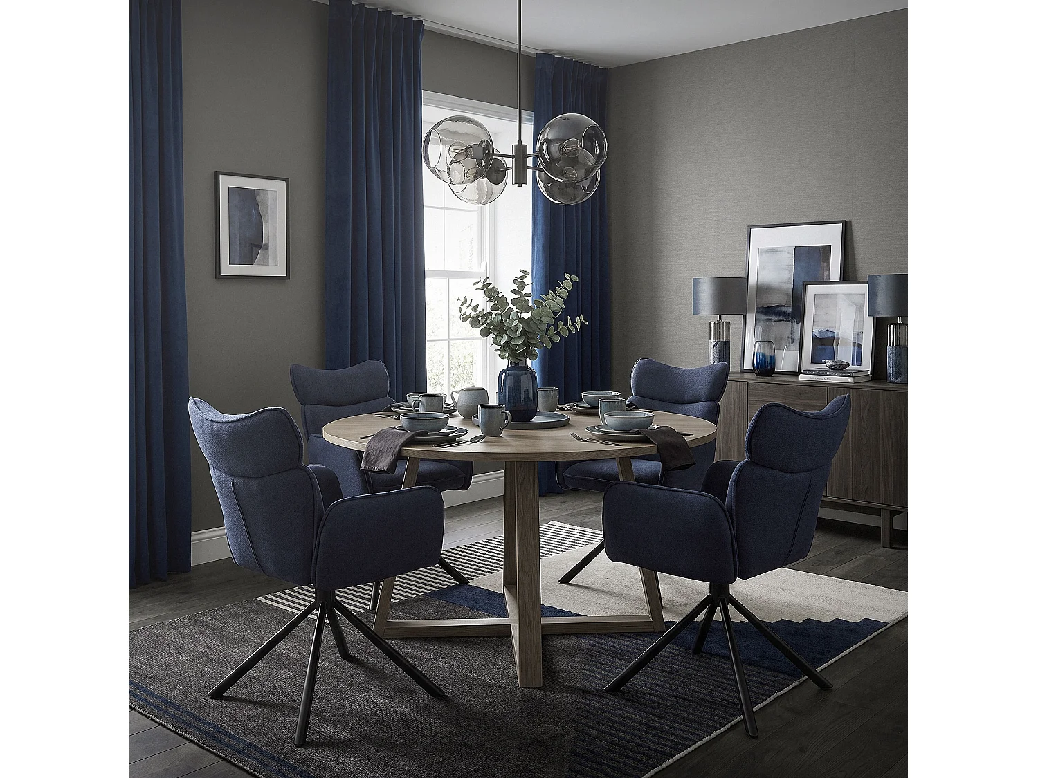 ML-Design 4x Sillas de comedor giratorias 360° azul oscuro con funda de tela, asiento de salón con reposabrazos y respaldo sillón ergonómico de cocina