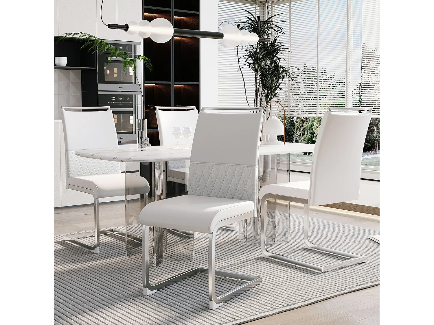 Lot de 4 chaises de salle à manger, design ergonomique, patins de protection, métal, blanc