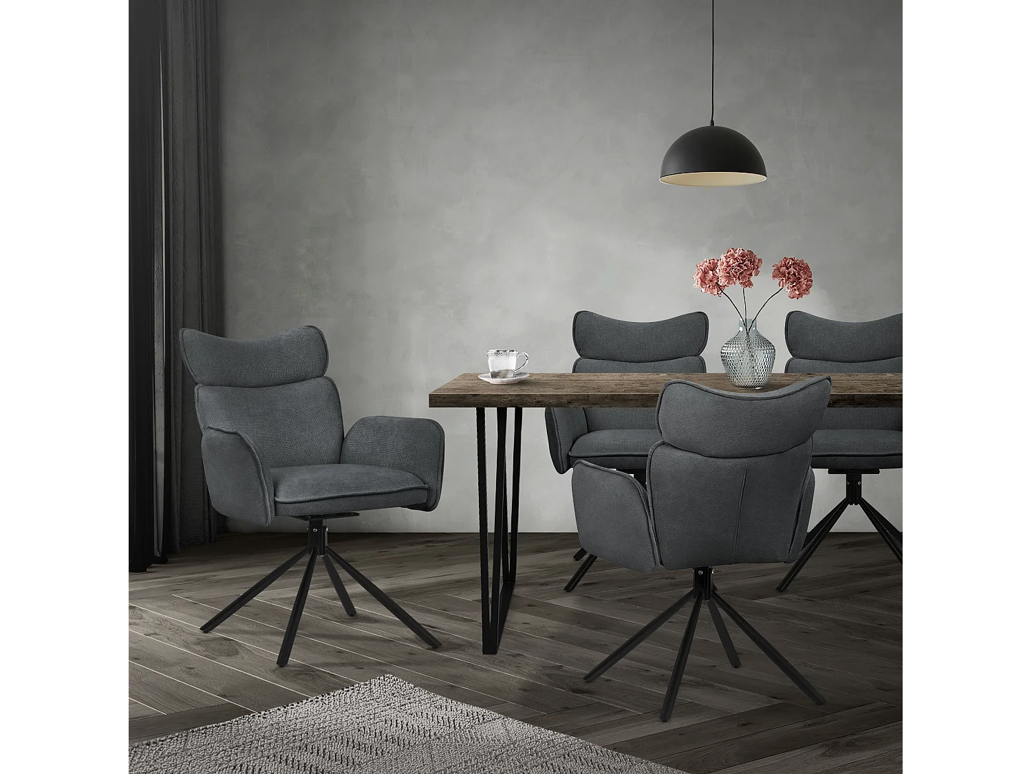 ML-Design 2x Sillas de comedor giratorias 360° antracita con funda de tela, asiento con reposabrazos y respaldo sillón ergonómico de cocina