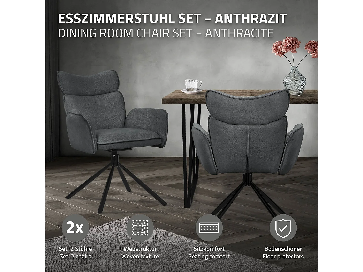 Lot de 2 chaises pivotantes en tissu anthracite avec accoudoirs et dossier ergonomique fauteuils à rotation pieds en métal noir sièges salle à manger