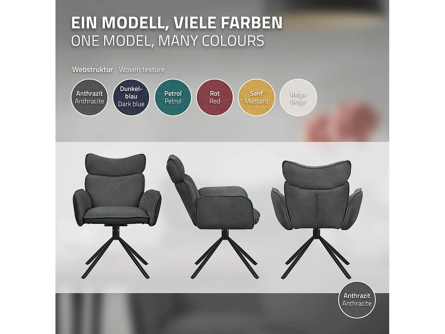 Lot de 2 chaises pivotantes en tissu anthracite avec accoudoirs et dossier ergonomique fauteuils à rotation pieds en métal noir sièges salle à manger