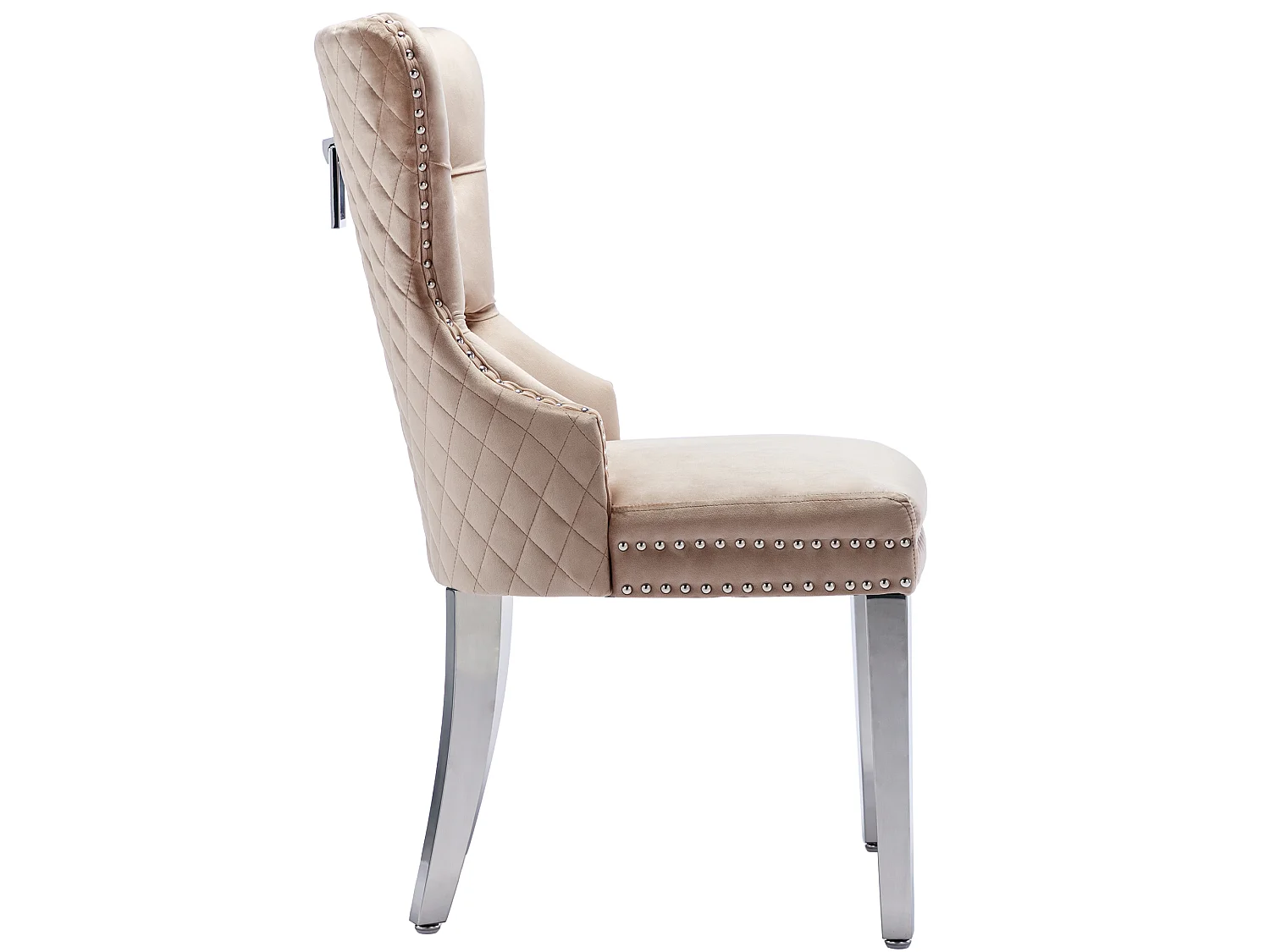 Set van 4 stoelen, 53x62,5x94,5 cm, met vulling, knoopsluiting en klinknagelversieringen. Beige fluwelen bekleding voor woonkamer en eetkamer.