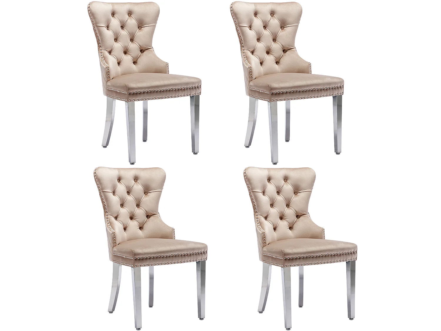 Set van 4 stoelen, 53x62,5x94,5 cm, met vulling, knoopsluiting en klinknagelversieringen. Beige fluwelen bekleding voor woonkamer en eetkamer.