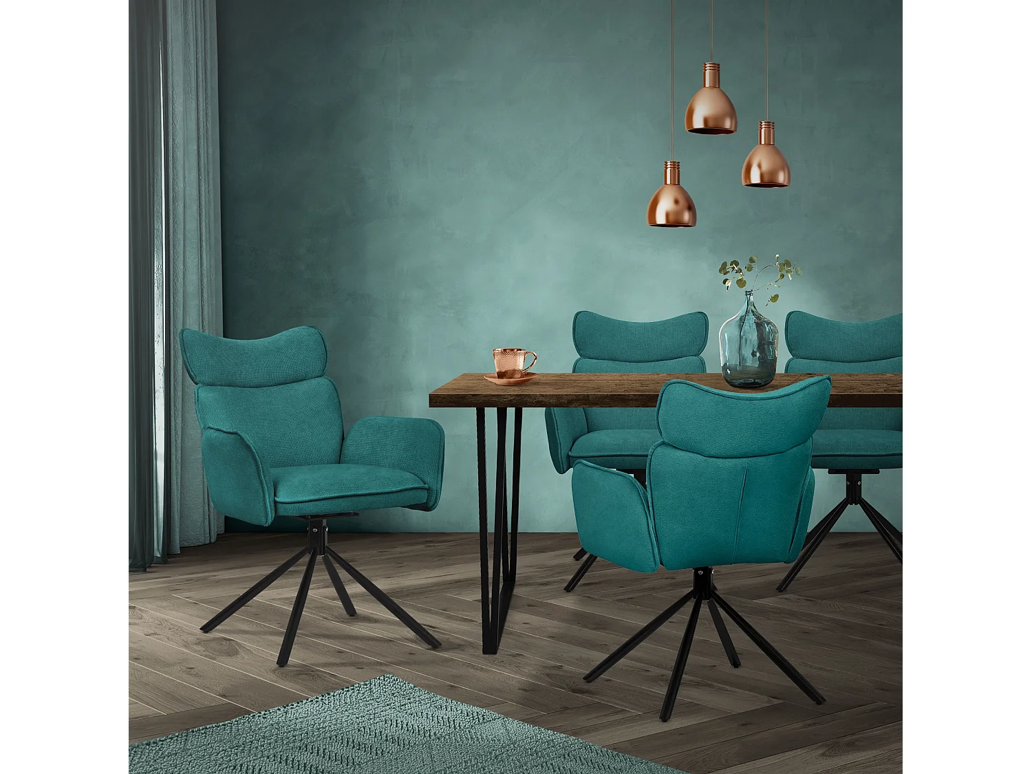 ML-Design 2x Sillas de comedor giratorias 360° turquesa oscuro con funda de tela, asiento con reposabrazos y respaldo sillón ergonómico de cocina