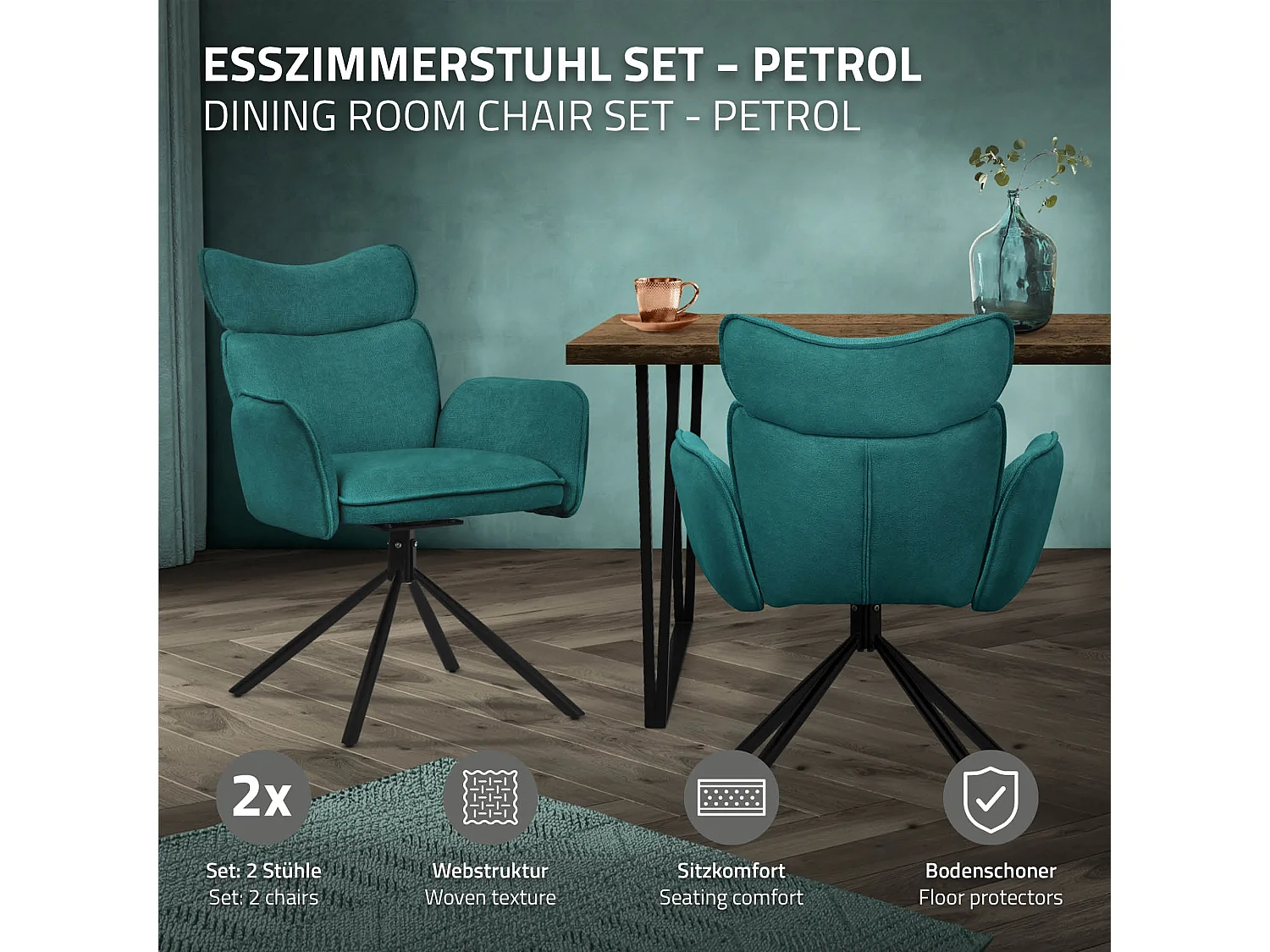Lot de 2 chaises pivotantes en tissu bleu pétrole avec accoudoirs et dossier ergonomique fauteuils à rotation pieds métal noir sièges salle à manger