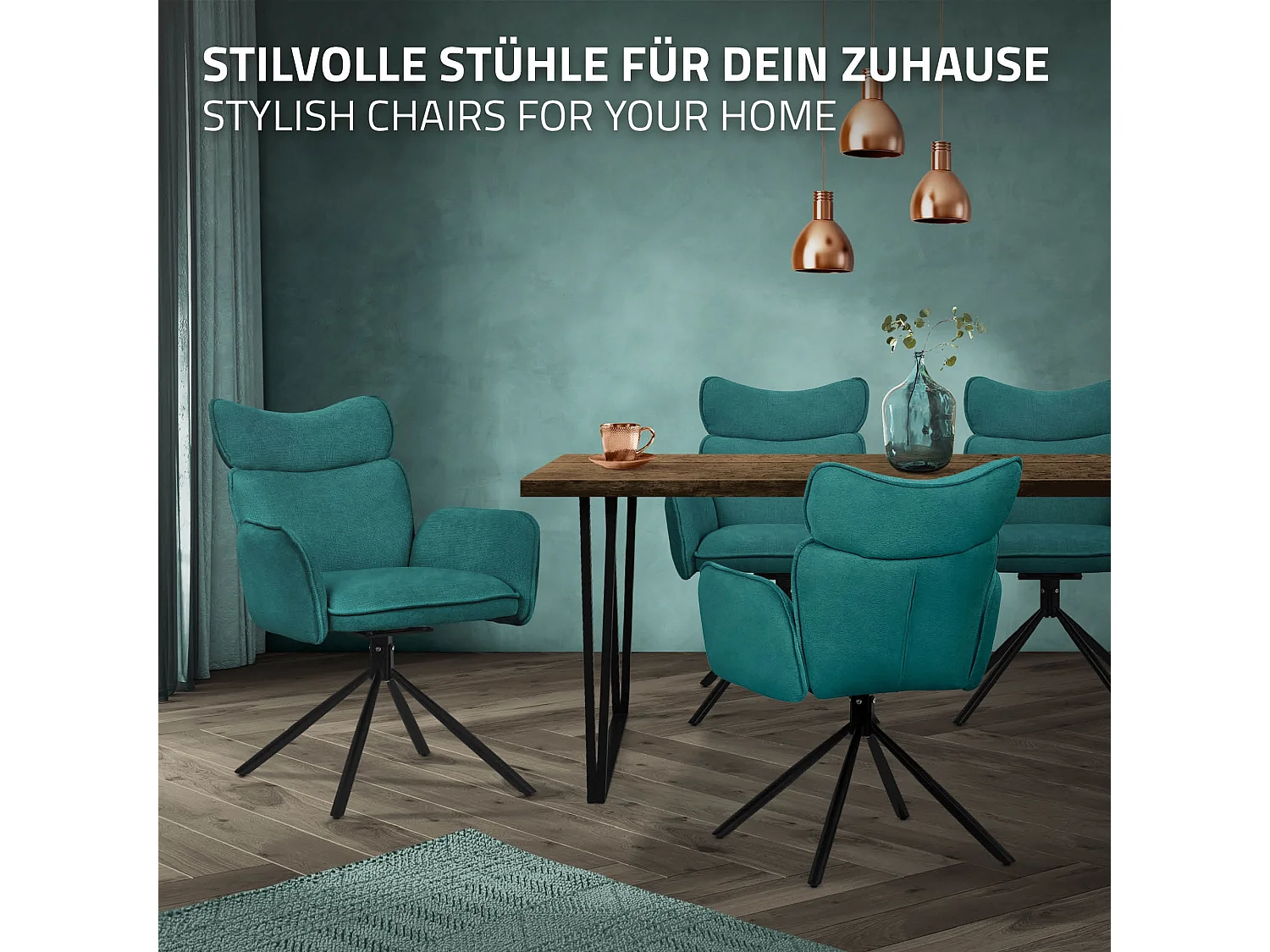 Lot de 2 chaises pivotantes en tissu bleu pétrole avec accoudoirs et dossier ergonomique fauteuils à rotation pieds métal noir sièges salle à manger