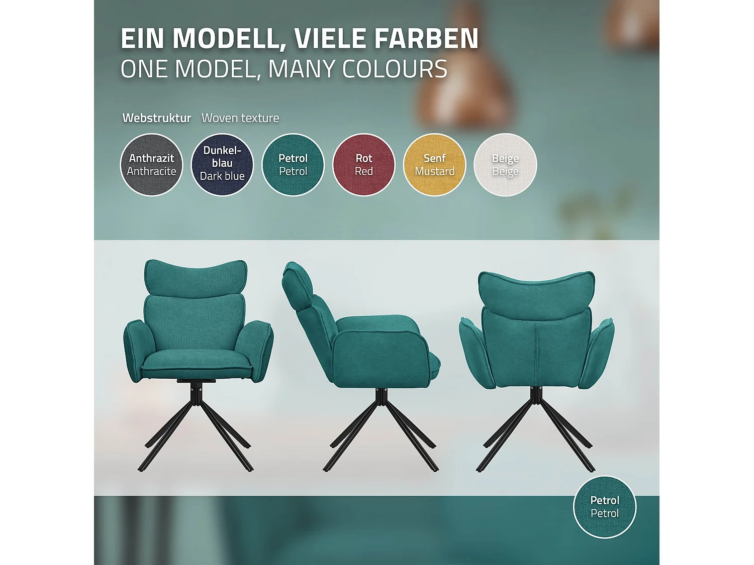 Lot de 2 chaises pivotantes en tissu bleu pétrole avec accoudoirs et dossier ergonomique fauteuils à rotation pieds métal noir sièges salle à manger