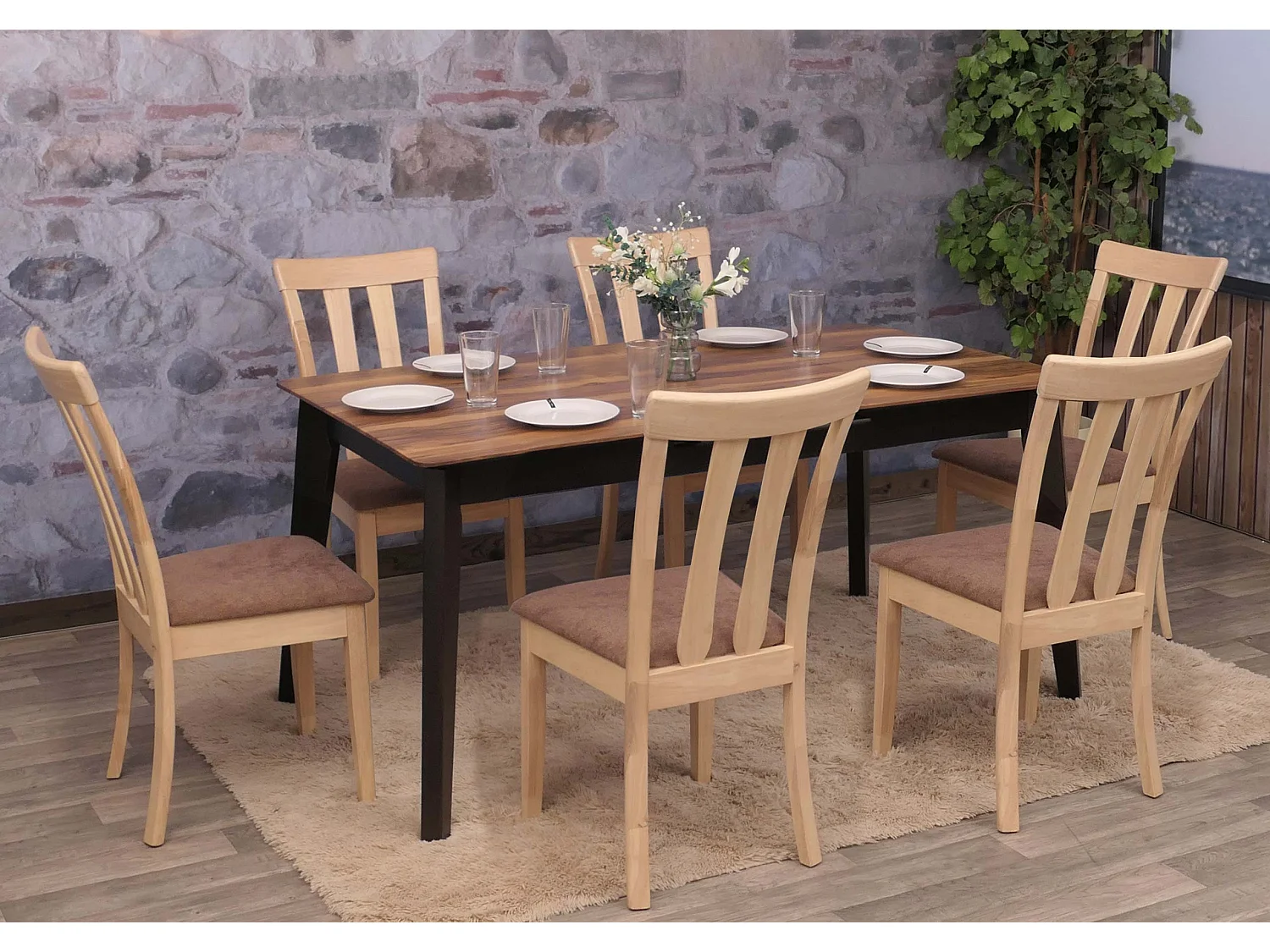 Set 6x sedie cucina sala soggiorno MCW-G46 legno massello ~ struttura naturale cuscino marrone