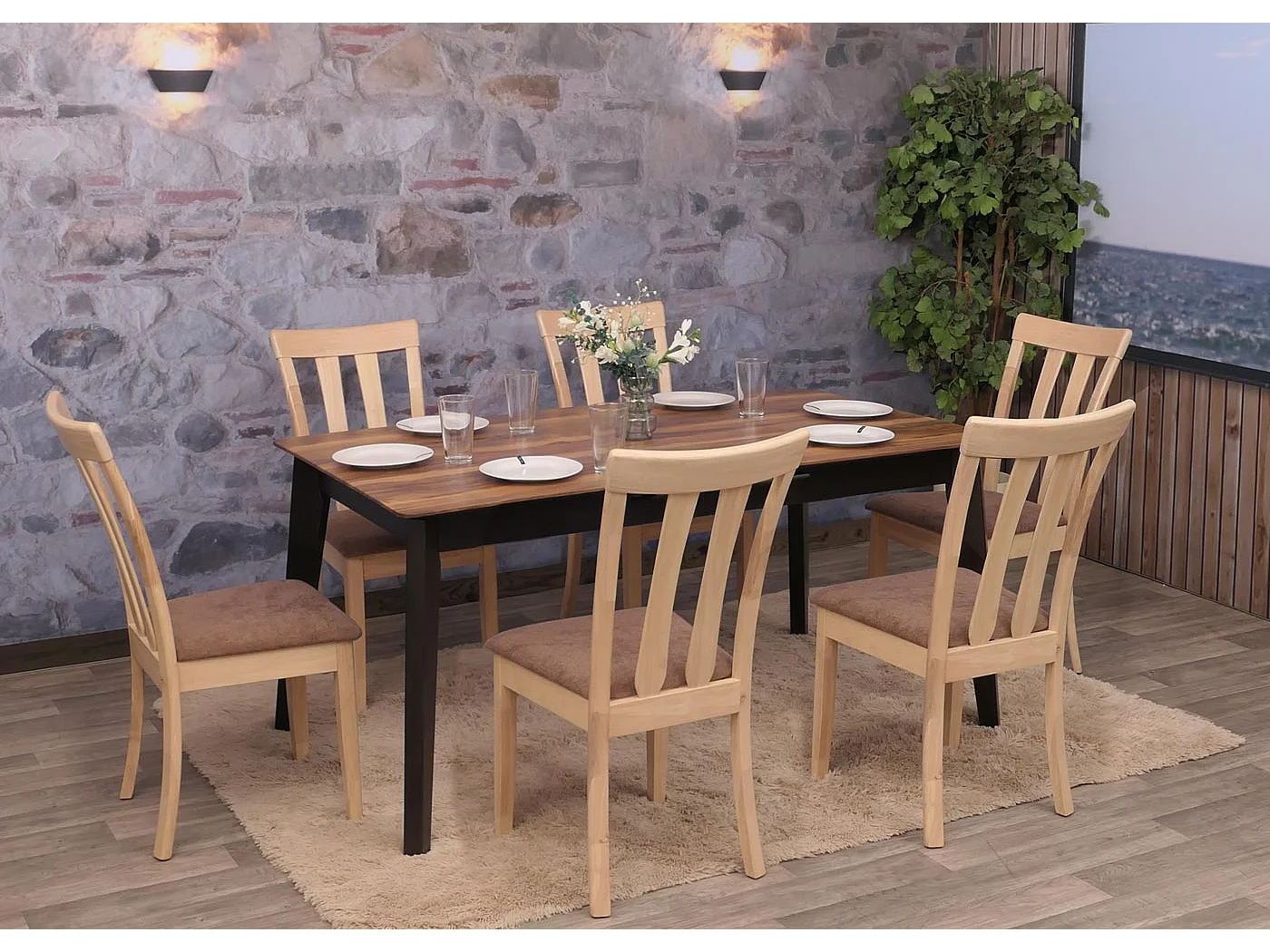 Set 6x sedie cucina sala soggiorno MCW-G46 legno massello ~ struttura naturale cuscino marrone