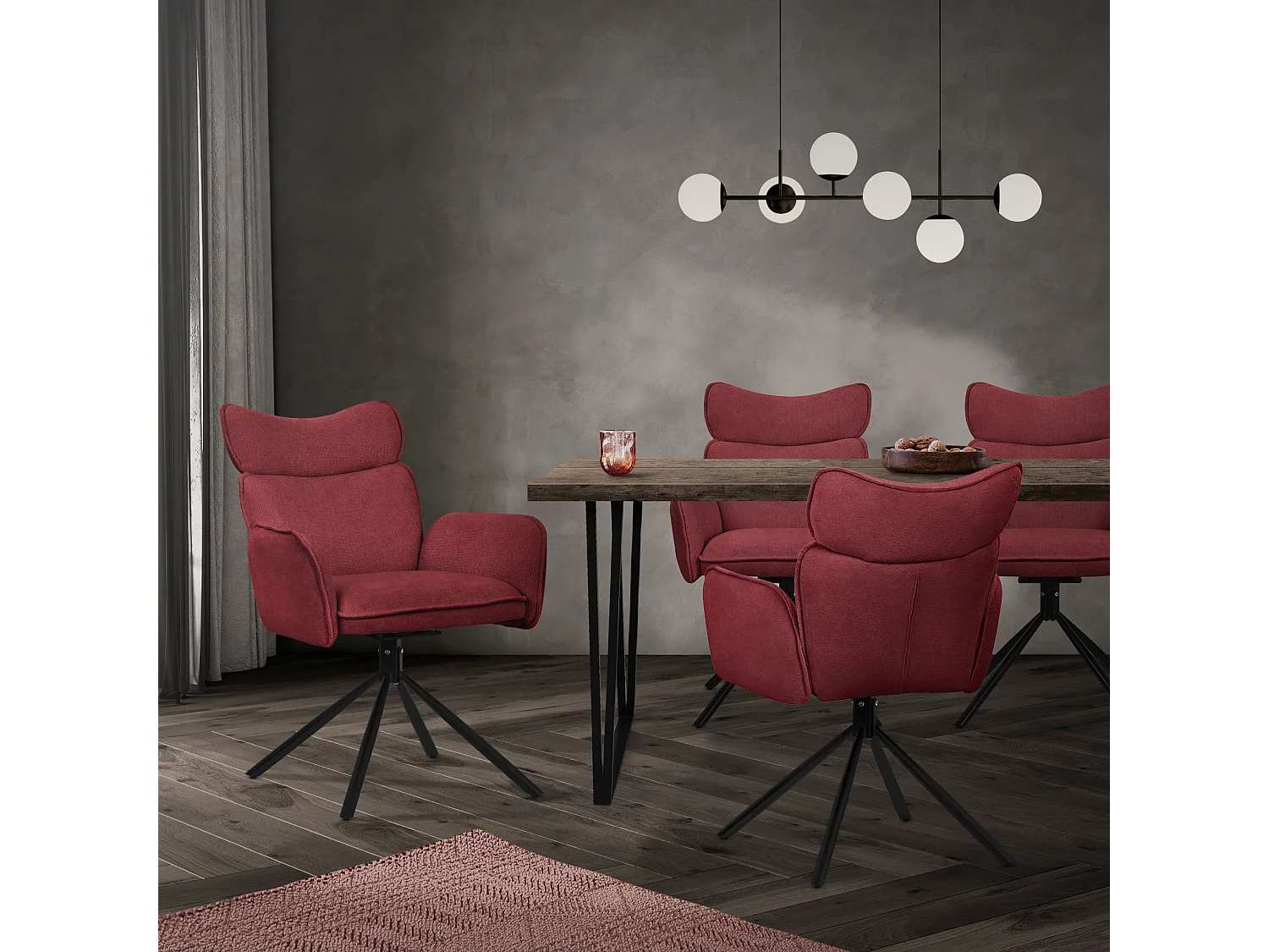 ML-Design 6x Sillas de comedor giratorias 360° rojas con funda de tela, asiento de salón con reposabrazos y respaldo sillón ergonómico de cocina