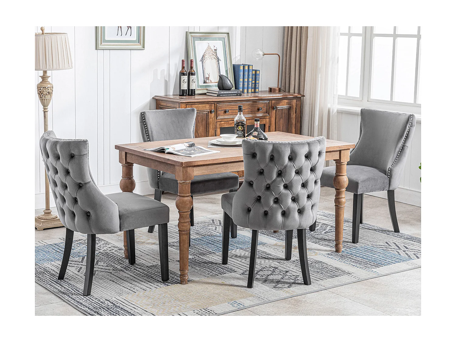 Lot de 4 chaises 50x52x91 cm avec Tissu capitonné et structure en bois massif Matériau Velours en gris pour Salon et salle à manger