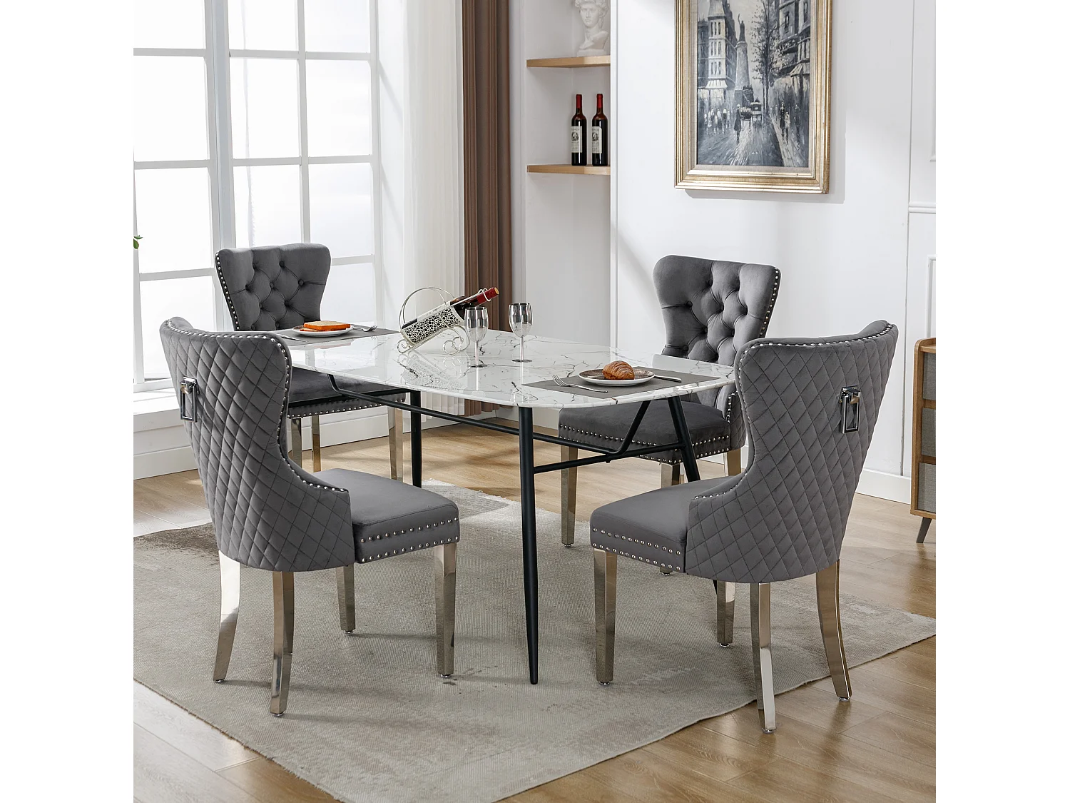 Set van 4 stoelen, 53x62,5x94,5 cm, met vulling, knoopsluiting en klinknagelversieringen. Gemaakt van grijs fluweel, geschikt voor woon- en eetkamers.