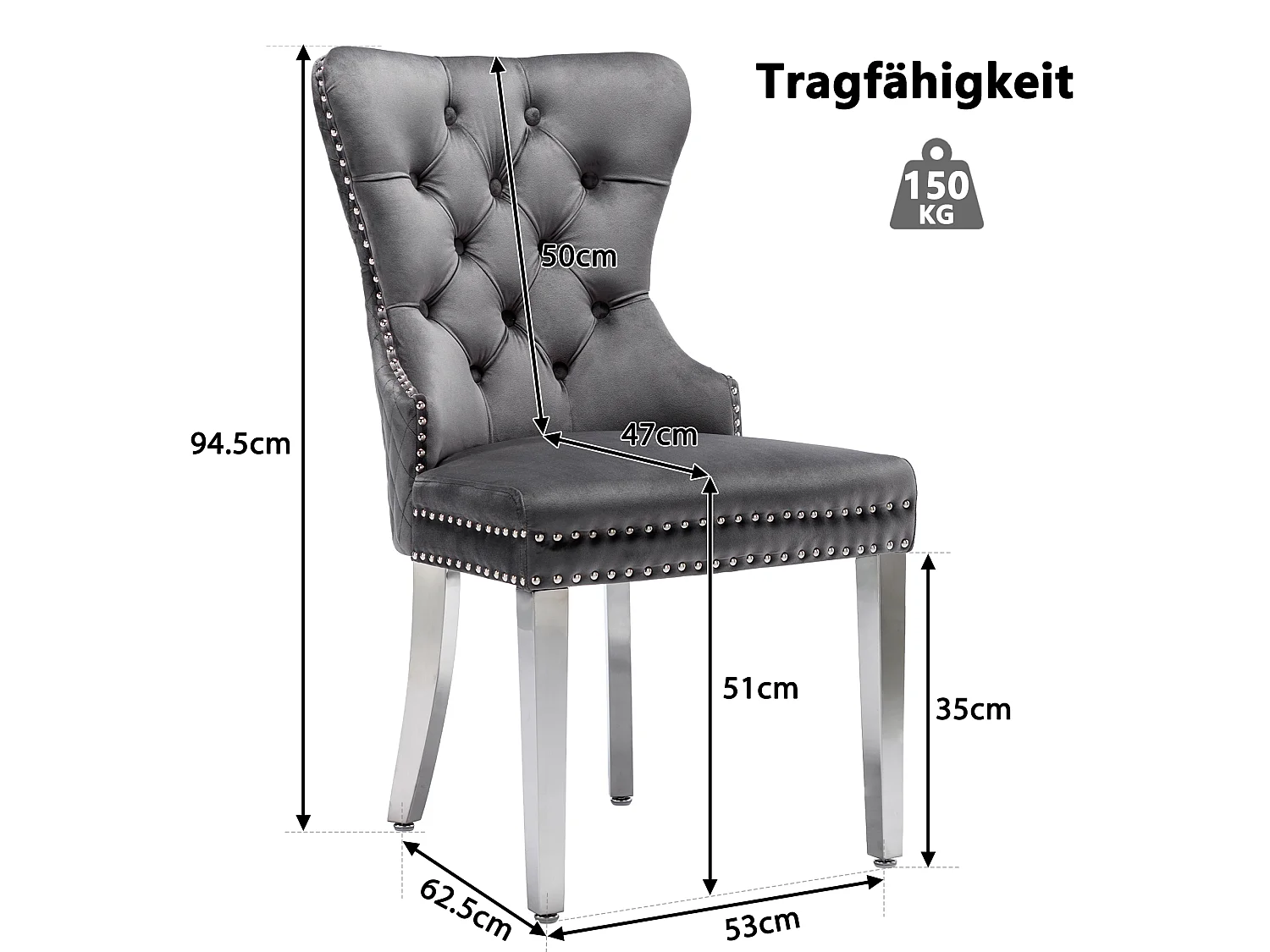 Lot de 4 chaises 53x62.5x94.5 cm avec Rembourrée Fermeture à boutons et ornée de rivets Matière velours en gris pour Salon et salle à manger