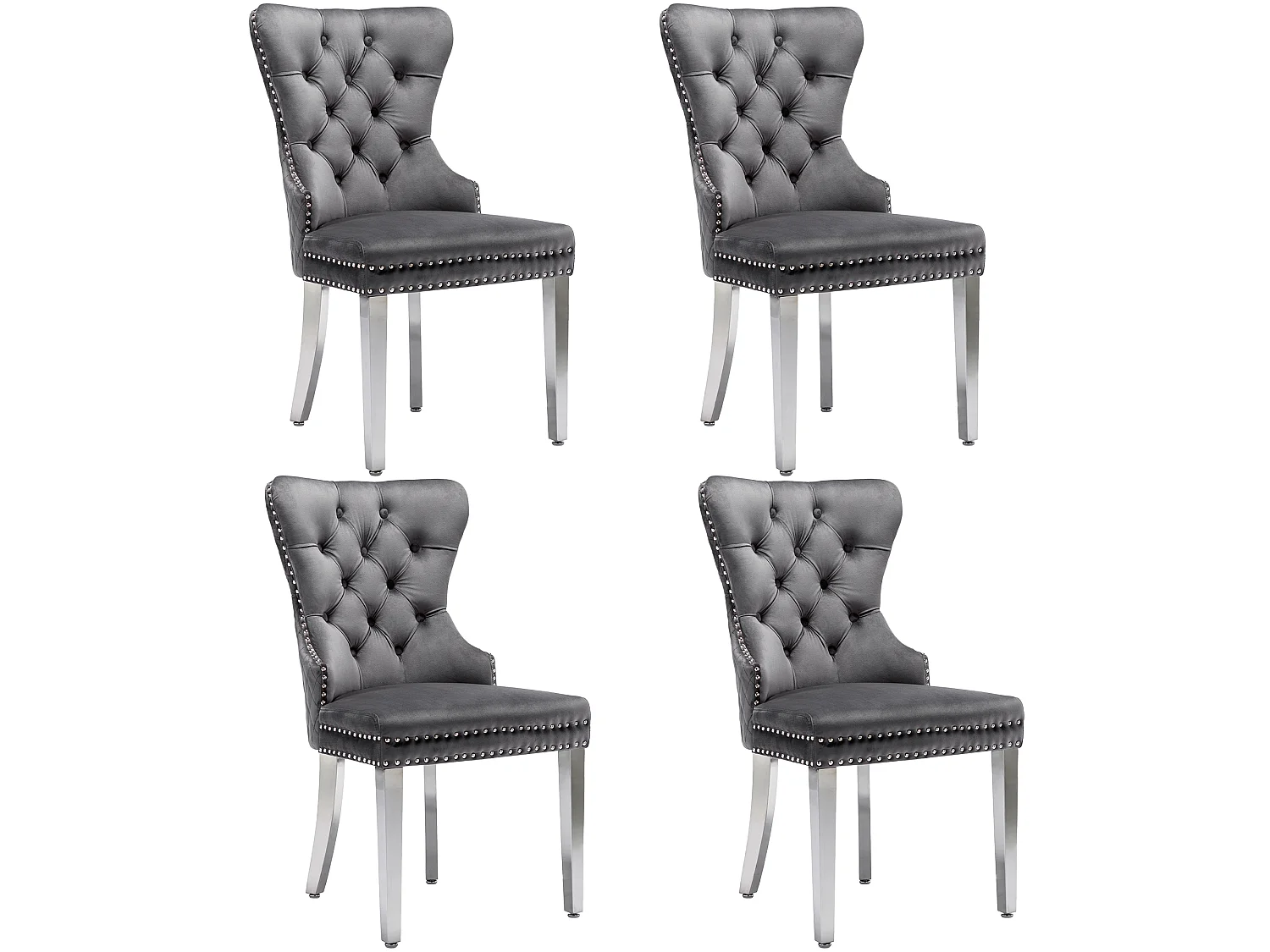 Lot de 4 chaises 53x62.5x94.5 cm avec Rembourrée Fermeture à boutons et ornée de rivets Matière velours en gris pour Salon et salle à manger