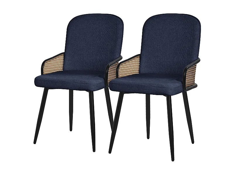 Lot de 2 chaises de salle à manger en tissu bleu foncé accoudoirs en rotin pieds en métal noir assise rembourrée confortable fauteuils ergonomiques