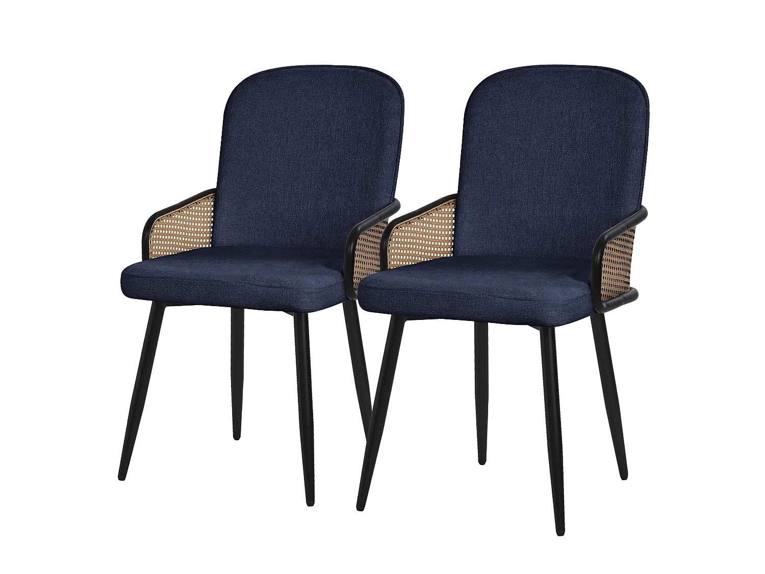 Lot de 2 chaises de salle à manger en tissu bleu foncé accoudoirs en rotin pieds en métal noir assise rembourrée confortable fauteuils ergonomiques
