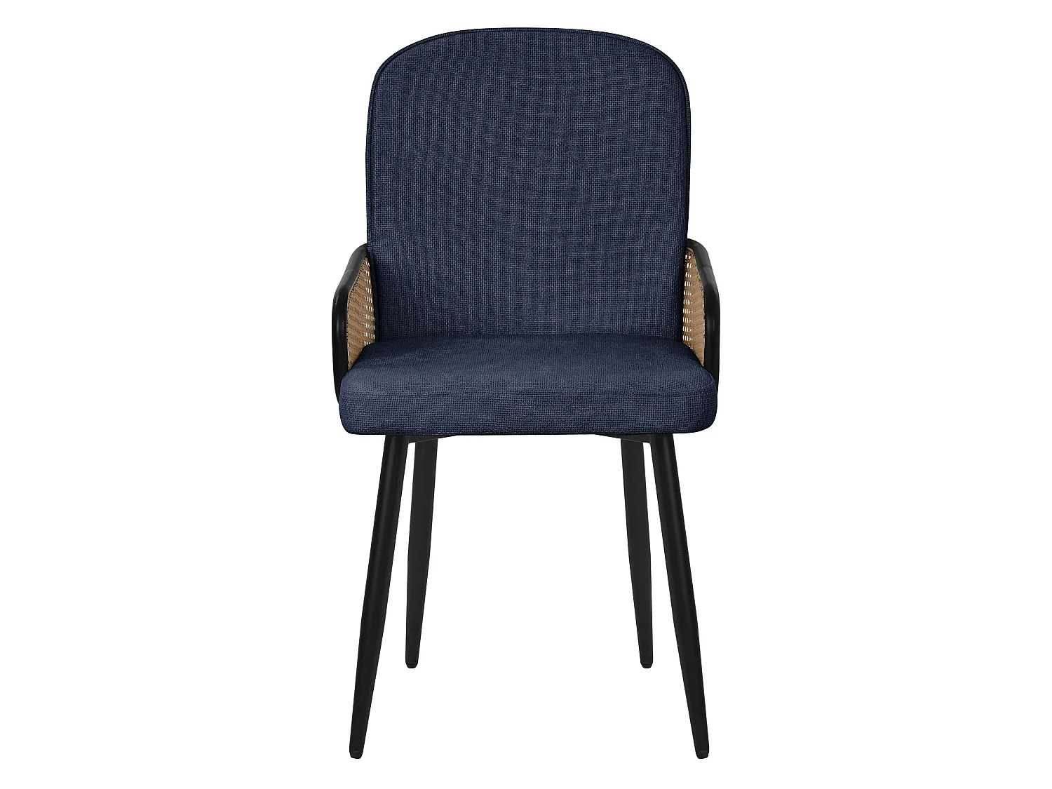 Lot de 2 chaises de salle à manger en tissu bleu foncé accoudoirs en rotin pieds en métal noir assise rembourrée confortable fauteuils ergonomiques