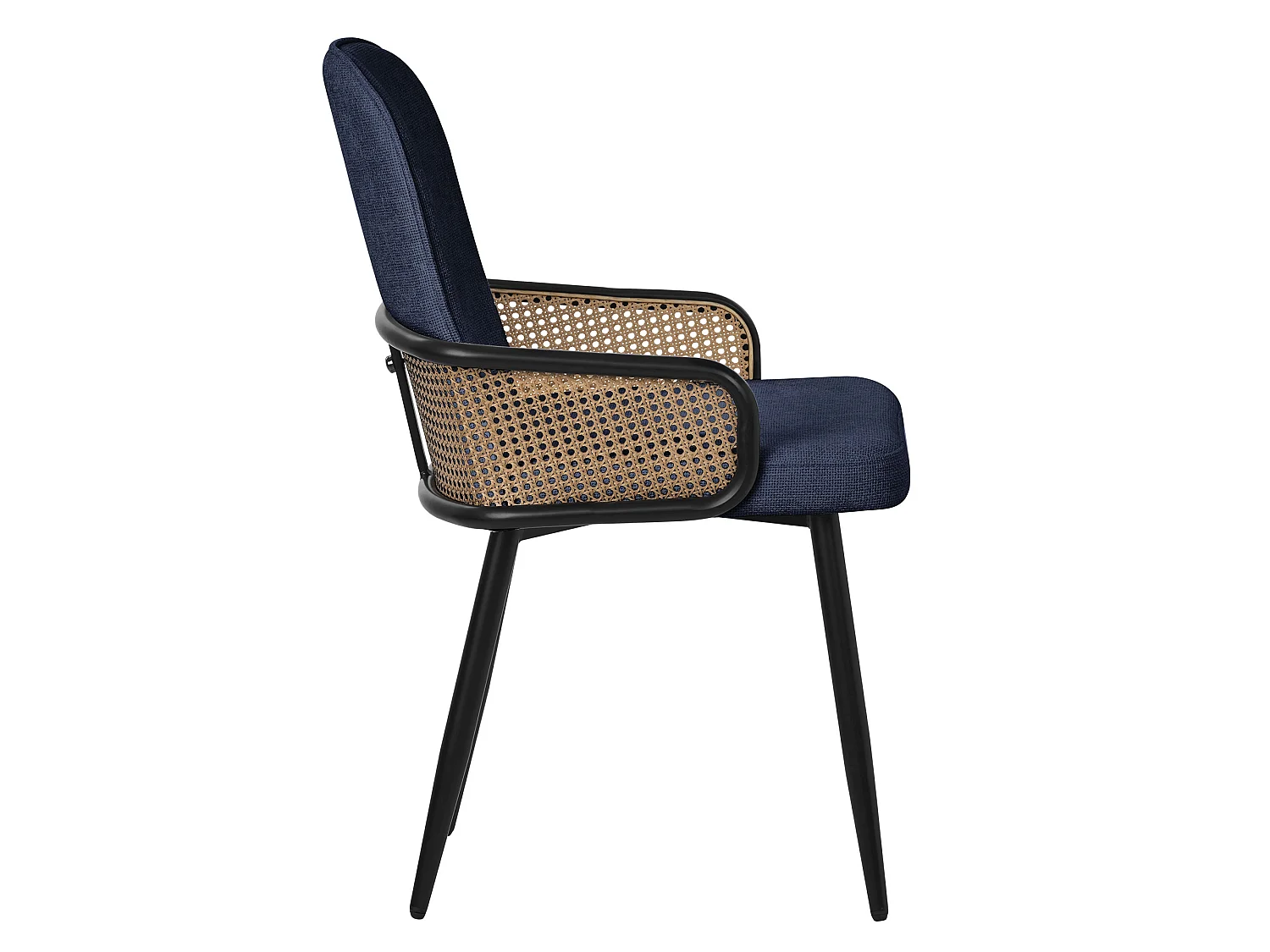 Lot de 2 chaises de salle à manger en tissu bleu foncé accoudoirs en rotin pieds en métal noir assise rembourrée confortable fauteuils ergonomiques