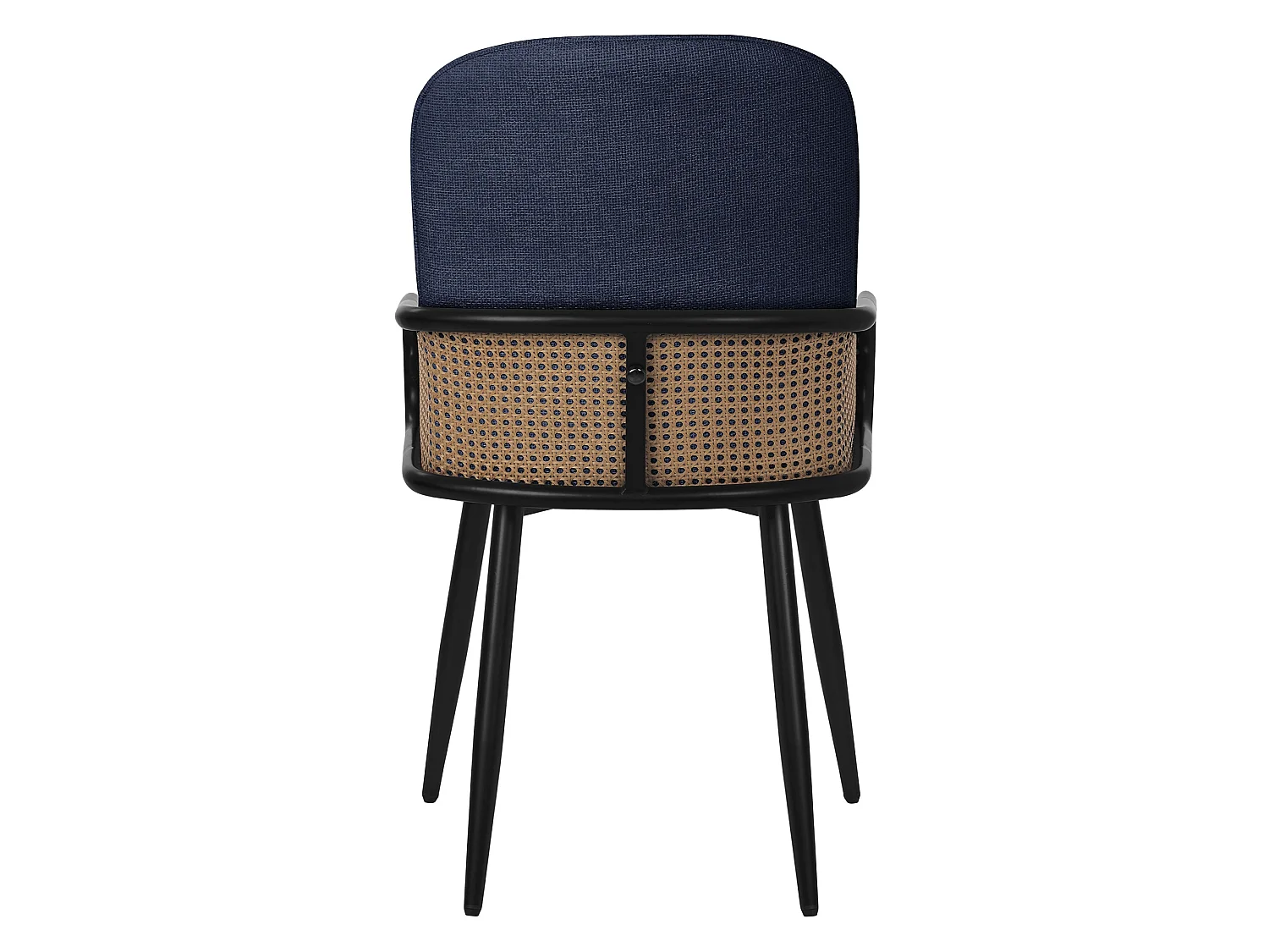 Lot de 2 chaises de salle à manger en tissu bleu foncé accoudoirs en rotin pieds en métal noir assise rembourrée confortable fauteuils ergonomiques