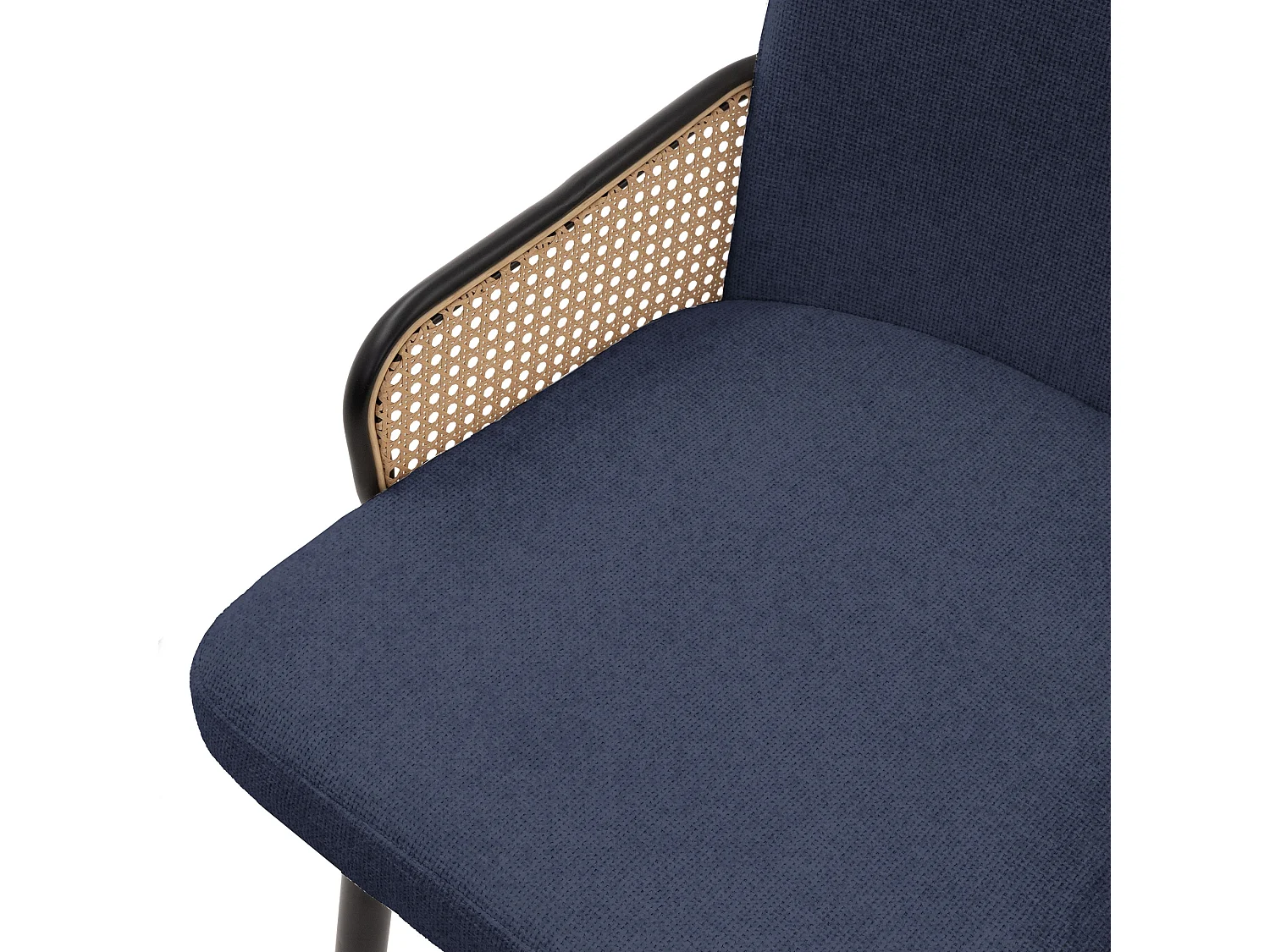 Lot de 2 chaises de salle à manger en tissu bleu foncé accoudoirs en rotin pieds en métal noir assise rembourrée confortable fauteuils ergonomiques