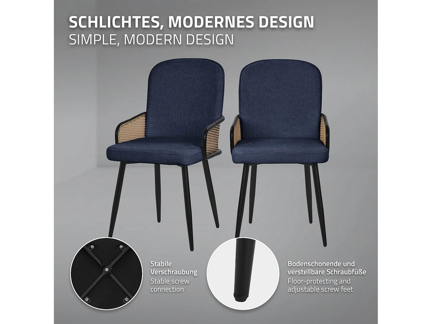 ML-Design 2x Sillas de comedor con funda de tela azul oscuro, asiento con respaldo, reposabrazos con aspecto de ratán sillón ergonómico de cocina