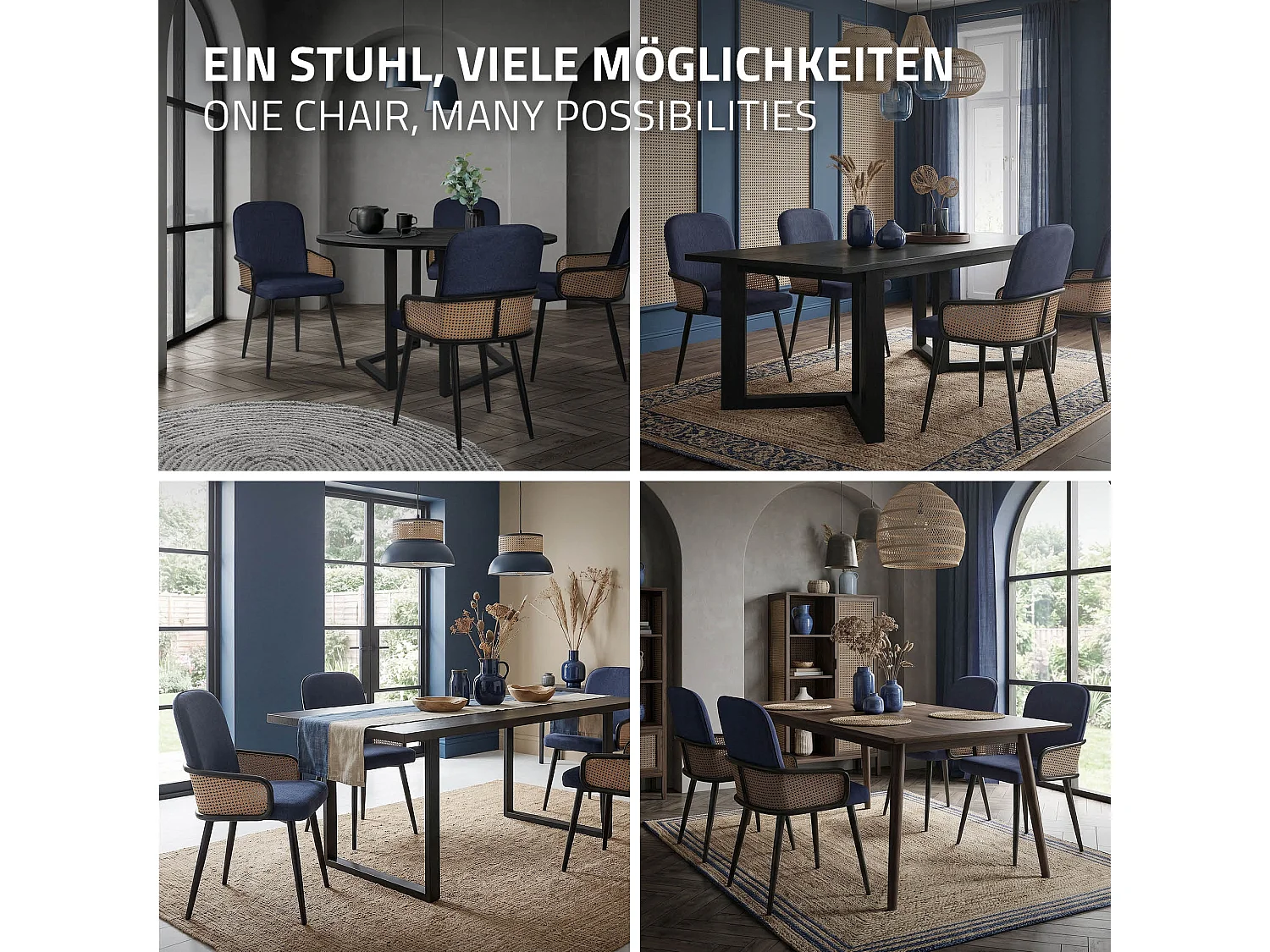 ML-Design 2x Sillas de comedor con funda de tela azul oscuro, asiento con respaldo, reposabrazos con aspecto de ratán sillón ergonómico de cocina