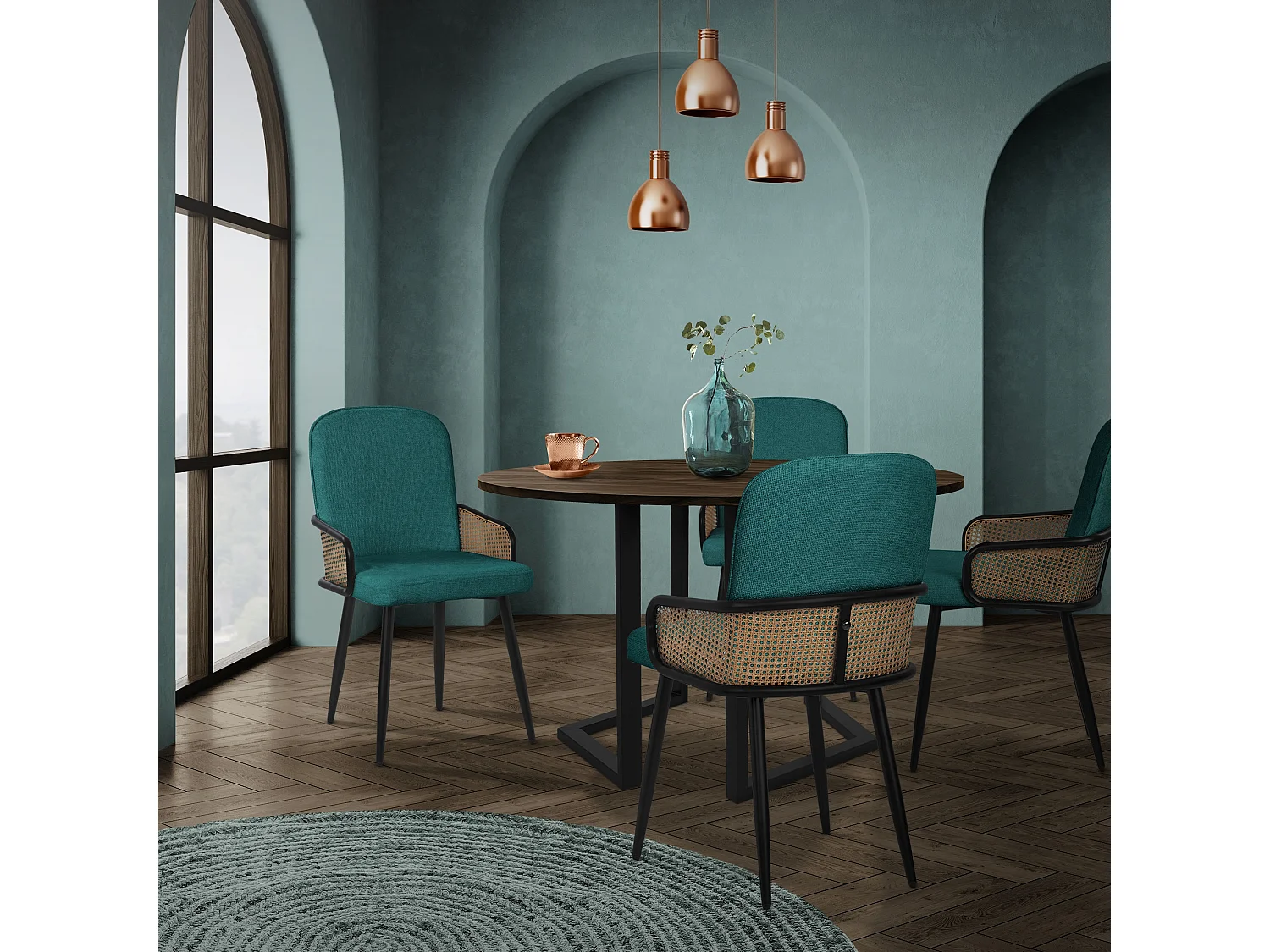 ML-Design Set 6 sedie imbottite da pranzo verde petrolio, in tessuto, con braccioli effetto rattan, sedia da cucina, sedia ergonomica da soggiorno