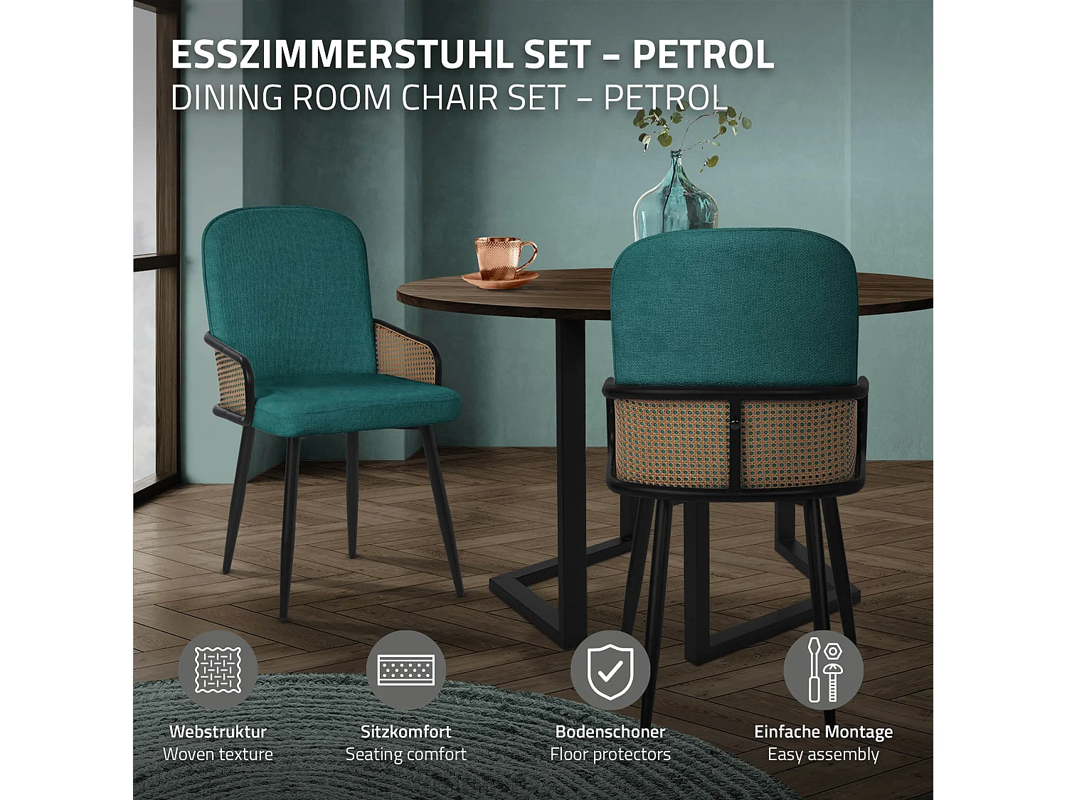 ML-Design 6x Sillas de comedor con funda de tela turquesa oscuro, asiento con respaldo, reposabrazos con aspecto de ratán sillón ergonómico de cocina