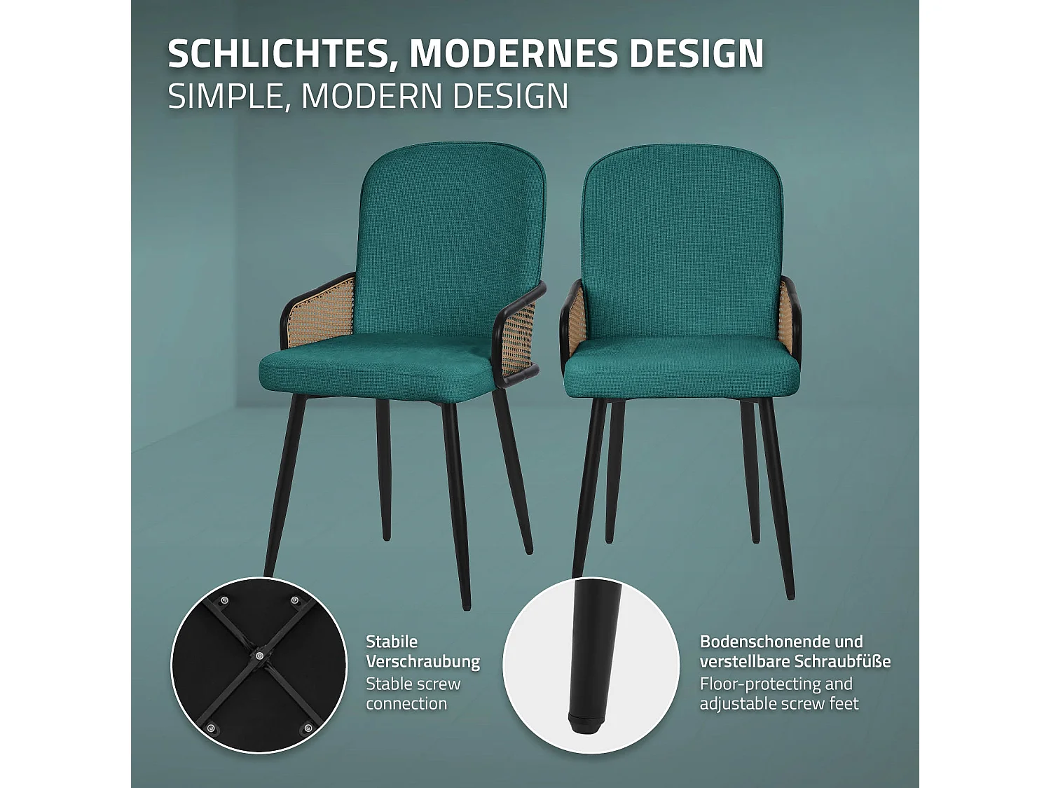 ML-Design 6x Sillas de comedor con funda de tela turquesa oscuro, asiento con respaldo, reposabrazos con aspecto de ratán sillón ergonómico de cocina