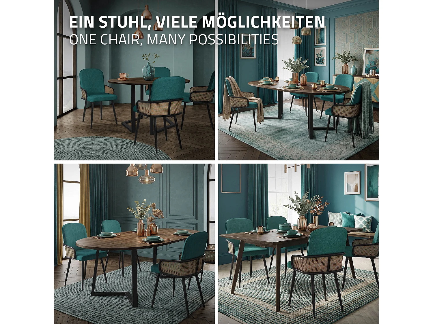 ML-Design 6x Sillas de comedor con funda de tela turquesa oscuro, asiento con respaldo, reposabrazos con aspecto de ratán sillón ergonómico de cocina