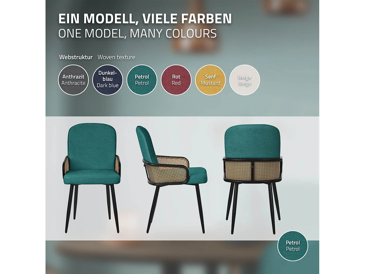 ML-Design 6x Sillas de comedor con funda de tela turquesa oscuro, asiento con respaldo, reposabrazos con aspecto de ratán sillón ergonómico de cocina