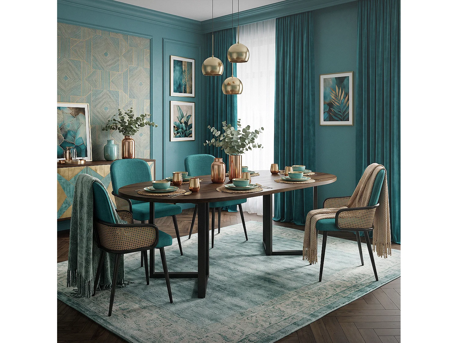 ML-Design 6x Sillas de comedor con funda de tela turquesa oscuro, asiento con respaldo, reposabrazos con aspecto de ratán sillón ergonómico de cocina